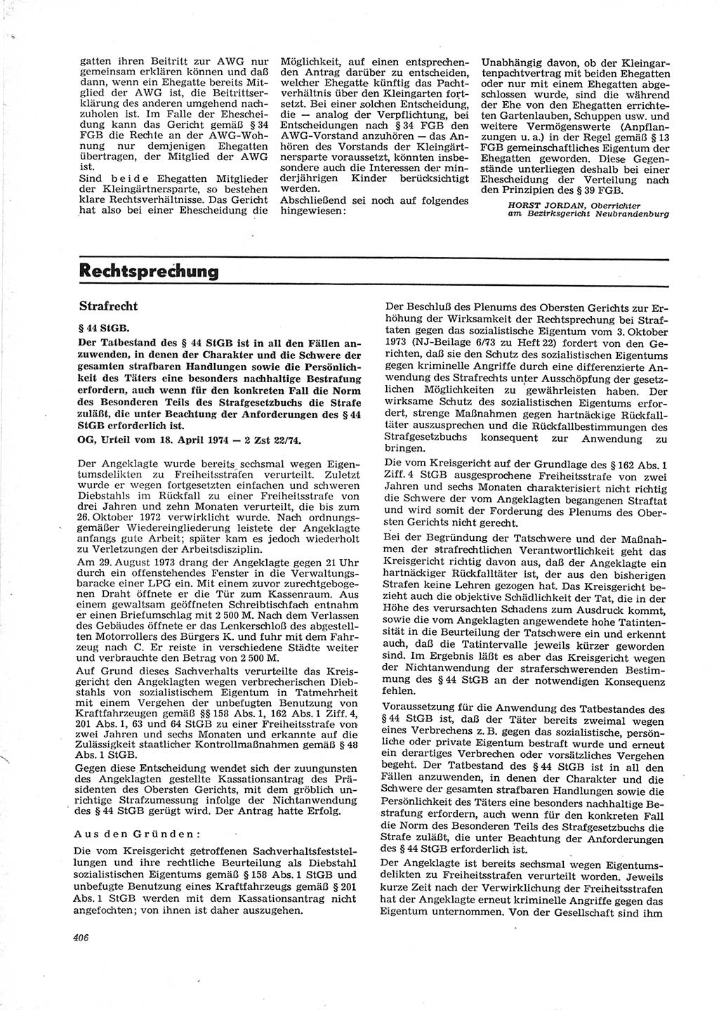 Neue Justiz (NJ), Zeitschrift für Recht und Rechtswissenschaft [Deutsche Demokratische Republik (DDR)], 28. Jahrgang 1974, Seite 406 (NJ DDR 1974, S. 406)