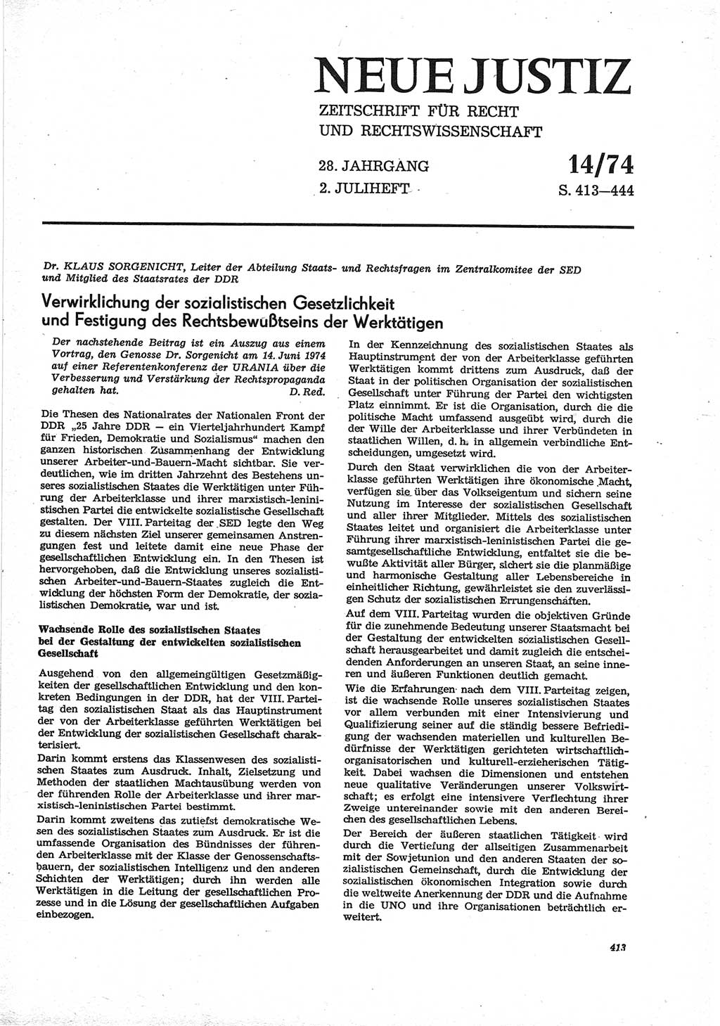 Neue Justiz (NJ), Zeitschrift für Recht und Rechtswissenschaft [Deutsche Demokratische Republik (DDR)], 28. Jahrgang 1974, Seite 413 (NJ DDR 1974, S. 413)