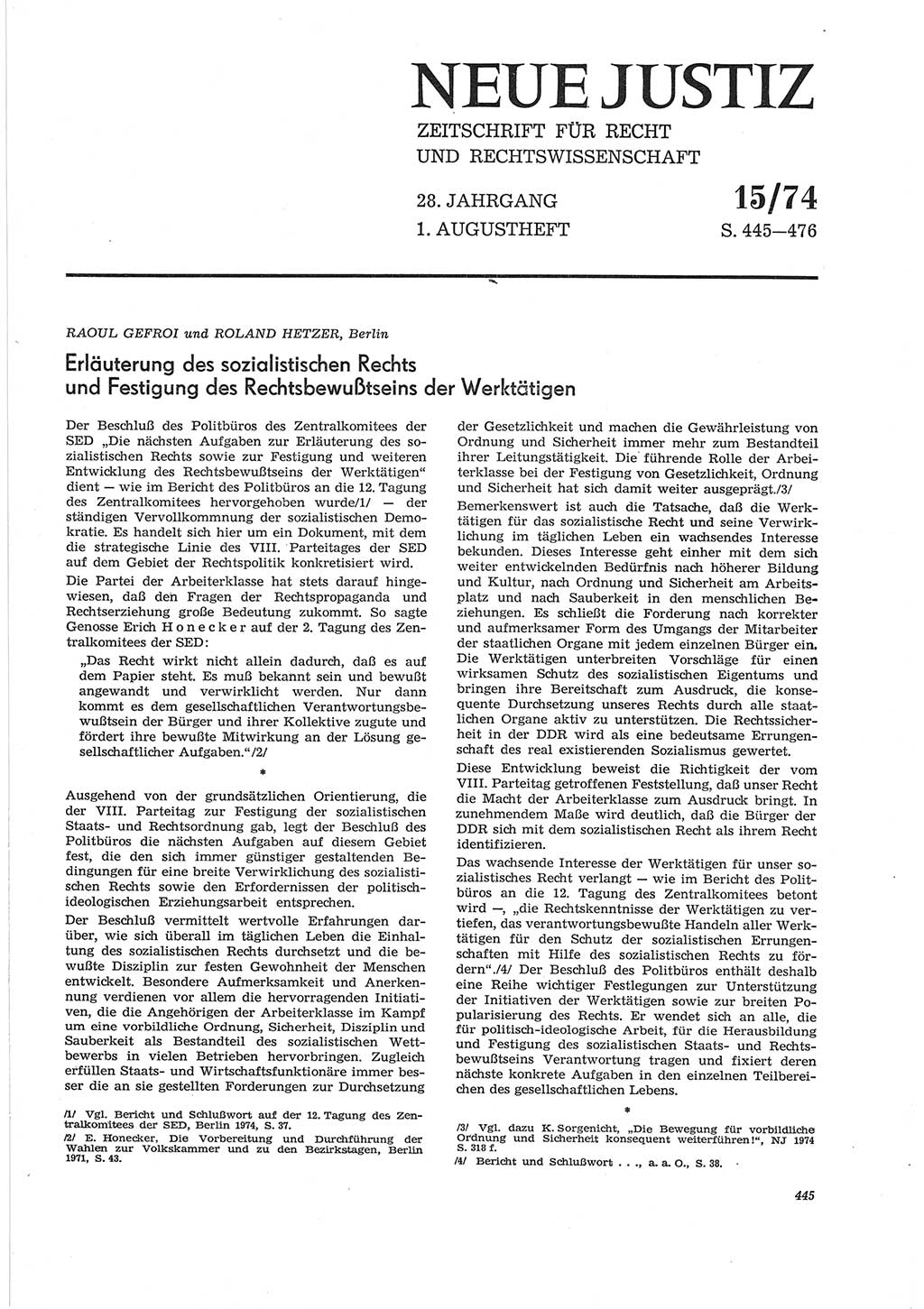 Neue Justiz (NJ), Zeitschrift für Recht und Rechtswissenschaft [Deutsche Demokratische Republik (DDR)], 28. Jahrgang 1974, Seite 445 (NJ DDR 1974, S. 445)