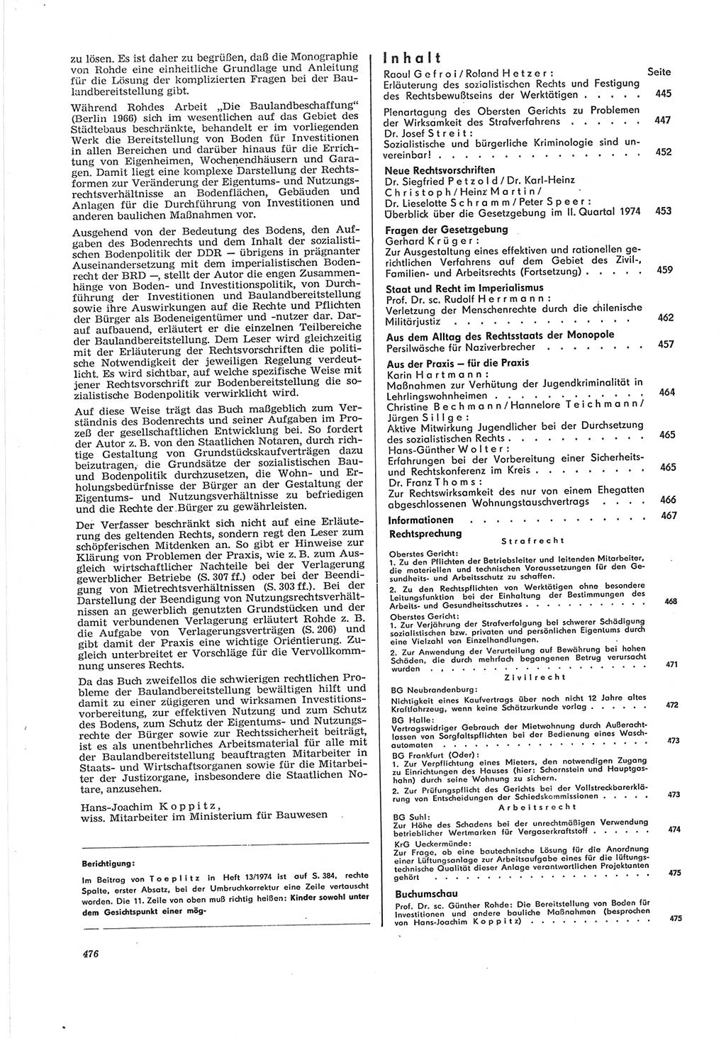 Neue Justiz (NJ), Zeitschrift für Recht und Rechtswissenschaft [Deutsche Demokratische Republik (DDR)], 28. Jahrgang 1974, Seite 476 (NJ DDR 1974, S. 476)