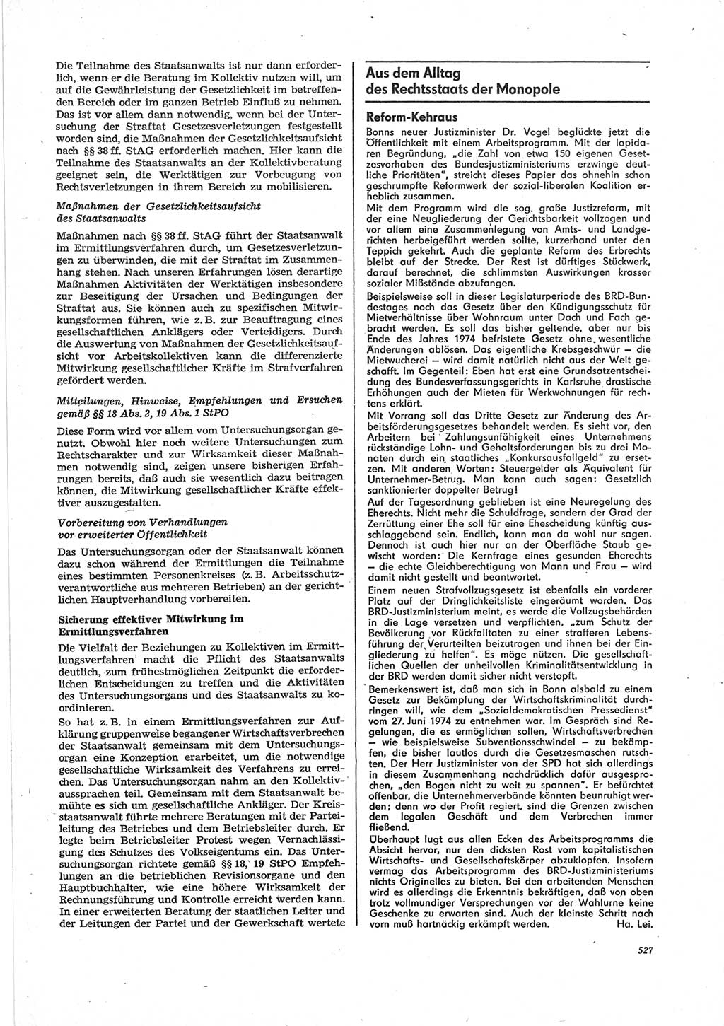 Neue Justiz (NJ), Zeitschrift für Recht und Rechtswissenschaft [Deutsche Demokratische Republik (DDR)], 28. Jahrgang 1974, Seite 527 (NJ DDR 1974, S. 527)