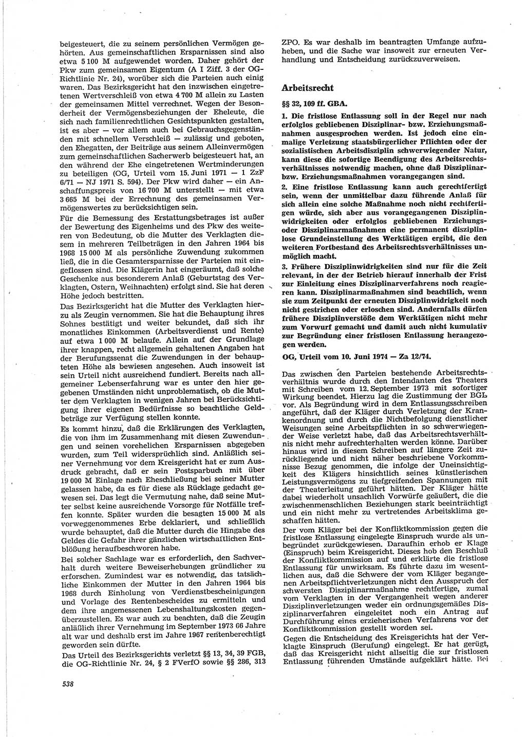 Neue Justiz (NJ), Zeitschrift für Recht und Rechtswissenschaft [Deutsche Demokratische Republik (DDR)], 28. Jahrgang 1974, Seite 538 (NJ DDR 1974, S. 538)