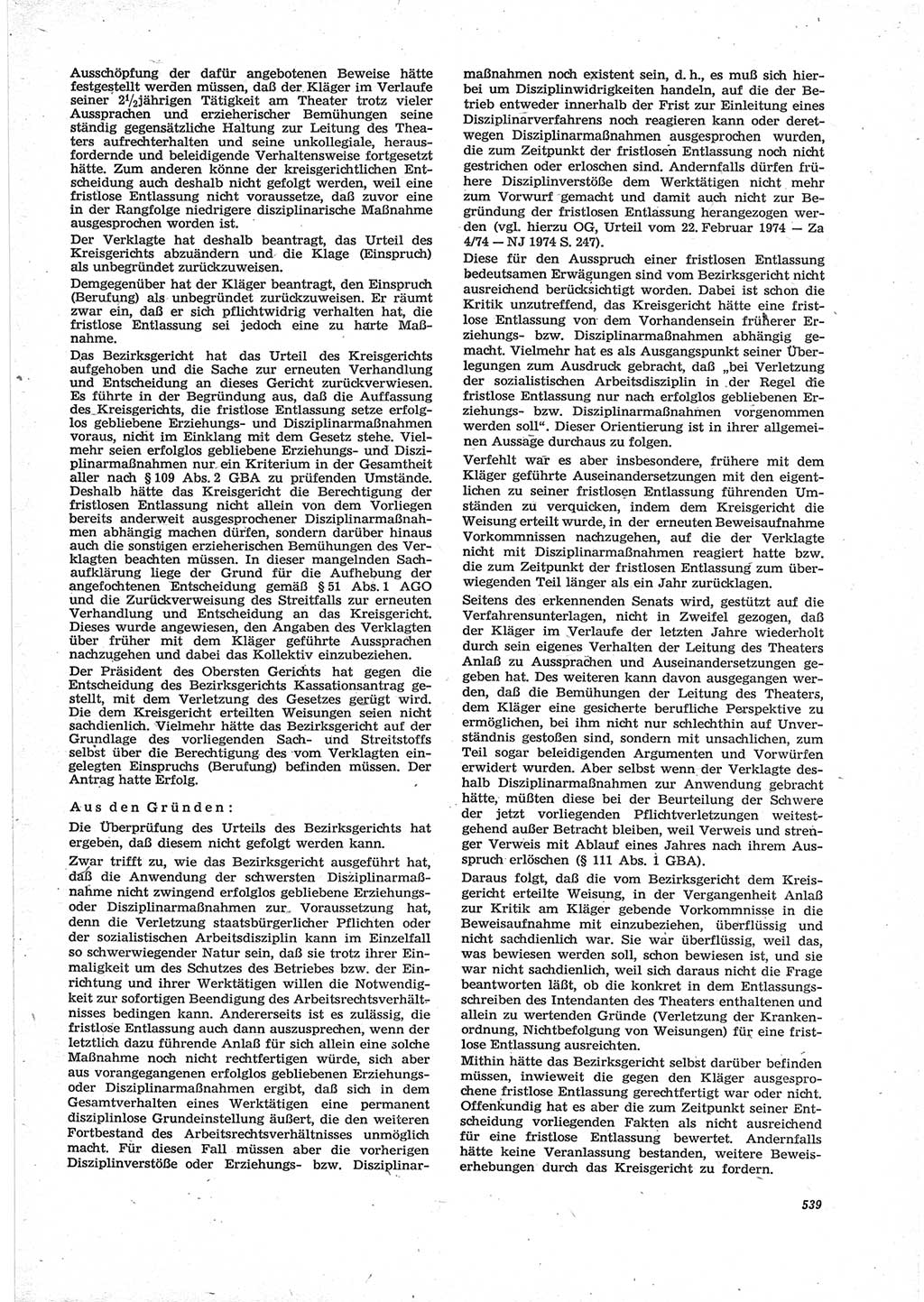 Neue Justiz (NJ), Zeitschrift für Recht und Rechtswissenschaft [Deutsche Demokratische Republik (DDR)], 28. Jahrgang 1974, Seite 539 (NJ DDR 1974, S. 539)