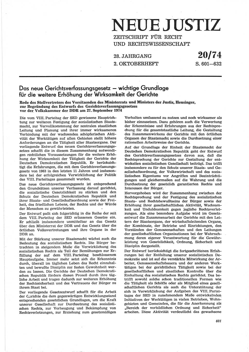 Neue Justiz (NJ), Zeitschrift für Recht und Rechtswissenschaft [Deutsche Demokratische Republik (DDR)], 28. Jahrgang 1974, Seite 601 (NJ DDR 1974, S. 601)
