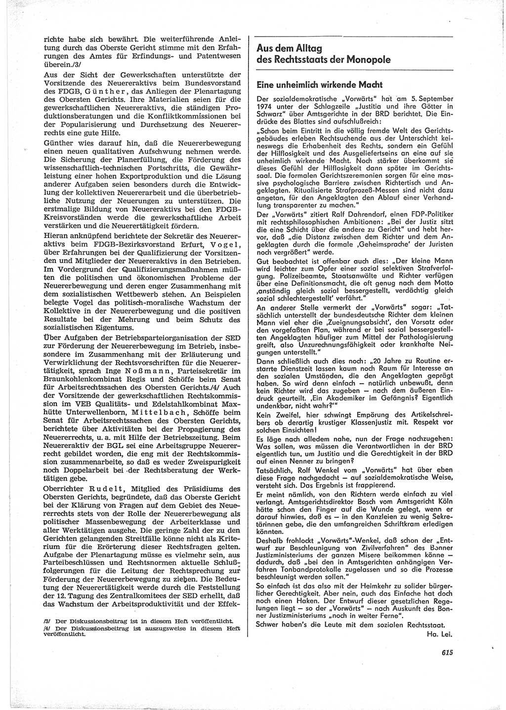 Neue Justiz (NJ), Zeitschrift für Recht und Rechtswissenschaft [Deutsche Demokratische Republik (DDR)], 28. Jahrgang 1974, Seite 615 (NJ DDR 1974, S. 615)