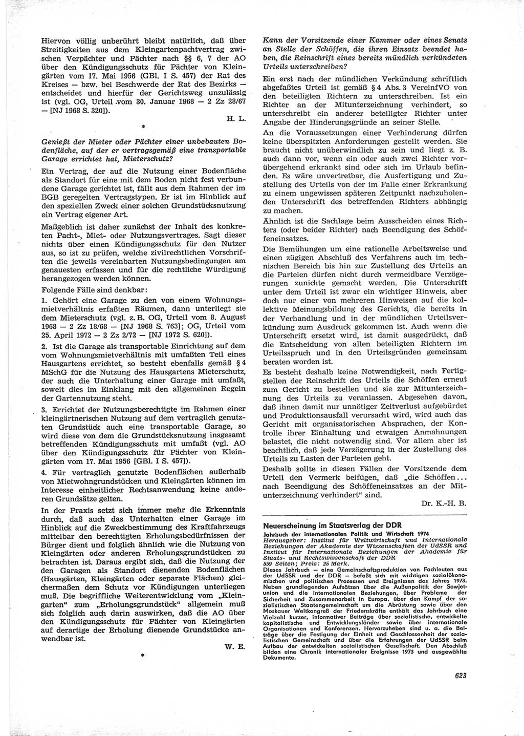 Neue Justiz (NJ), Zeitschrift für Recht und Rechtswissenschaft [Deutsche Demokratische Republik (DDR)], 28. Jahrgang 1974, Seite 623 (NJ DDR 1974, S. 623)