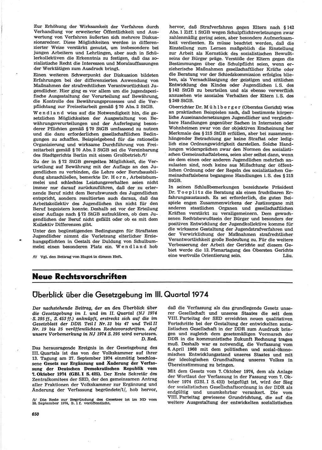 Neue Justiz (NJ), Zeitschrift für Recht und Rechtswissenschaft [Deutsche Demokratische Republik (DDR)], 28. Jahrgang 1974, Seite 650 (NJ DDR 1974, S. 650)