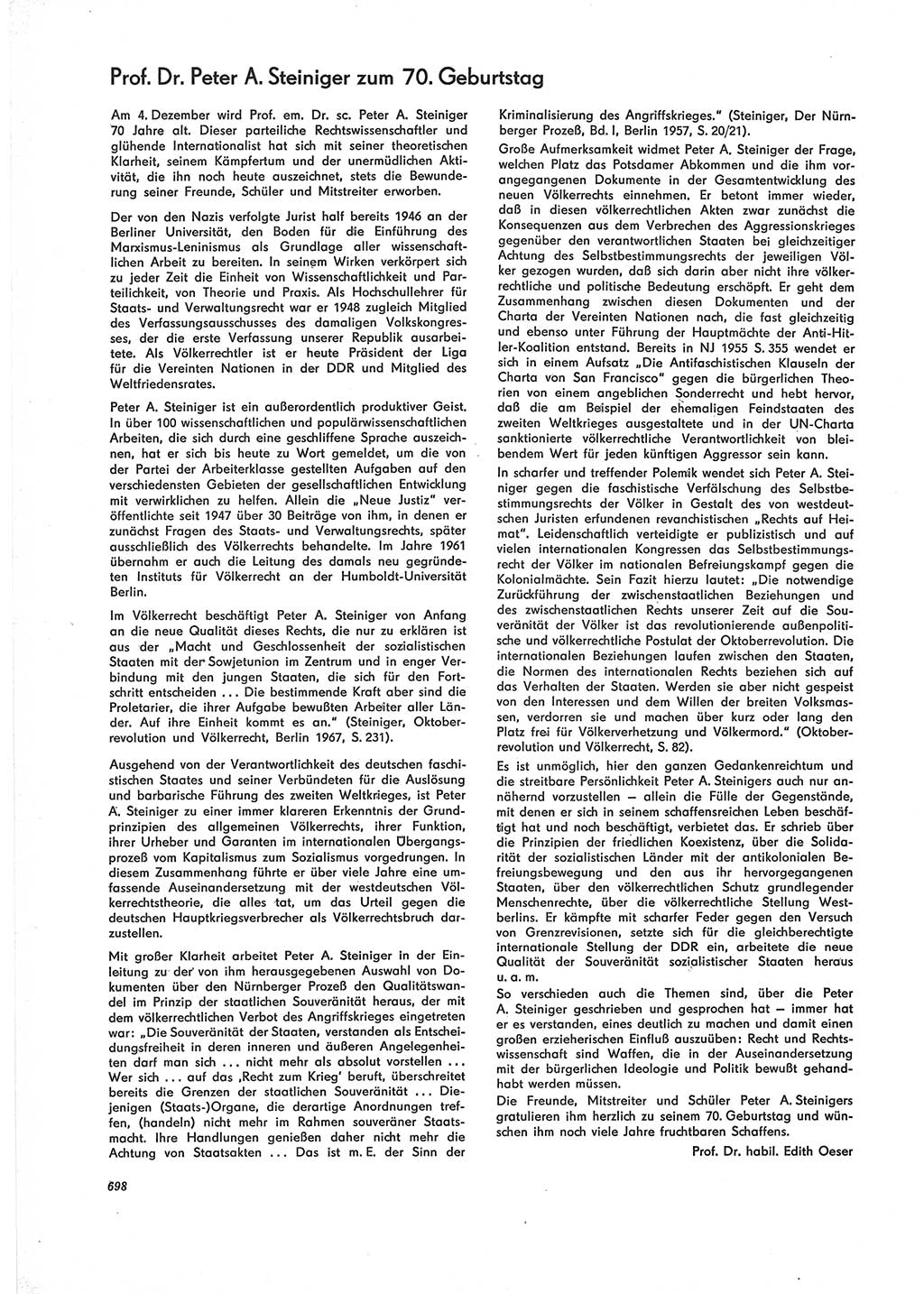 Neue Justiz (NJ), Zeitschrift für Recht und Rechtswissenschaft [Deutsche Demokratische Republik (DDR)], 28. Jahrgang 1974, Seite 698 (NJ DDR 1974, S. 698)