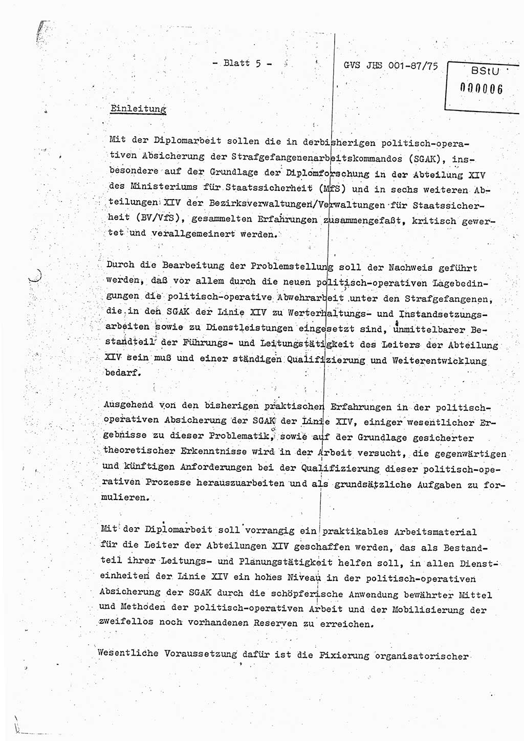 Diplomarbeit Hauptmann Volkmar Heinz (Abt. ⅩⅣ), Oberleutnant Lothar Rüdiger (BV Lpz. Abt. Ⅺ), Ministerium für Staatssicherheit (MfS) [Deutsche Demokratische Republik (DDR)], Juristische Hochschule (JHS), Geheime Verschlußsache (GVS) o001-87/75, Potsdam 1975, Seite 5 (Dipl.-Arb. MfS DDR JHS GVS o001-87/75 1975, S. 5)