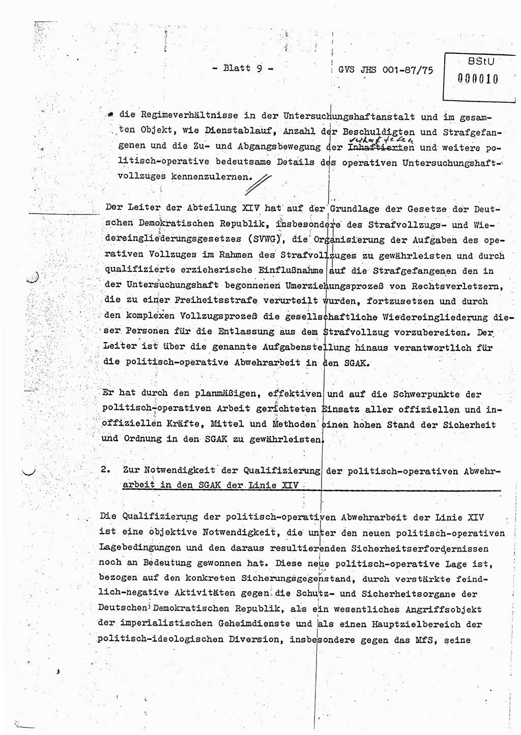 Diplomarbeit Hauptmann Volkmar Heinz (Abt. ⅩⅣ), Oberleutnant Lothar Rüdiger (BV Lpz. Abt. Ⅺ), Ministerium für Staatssicherheit (MfS) [Deutsche Demokratische Republik (DDR)], Juristische Hochschule (JHS), Geheime Verschlußsache (GVS) o001-87/75, Potsdam 1975, Seite 9 (Dipl.-Arb. MfS DDR JHS GVS o001-87/75 1975, S. 9)