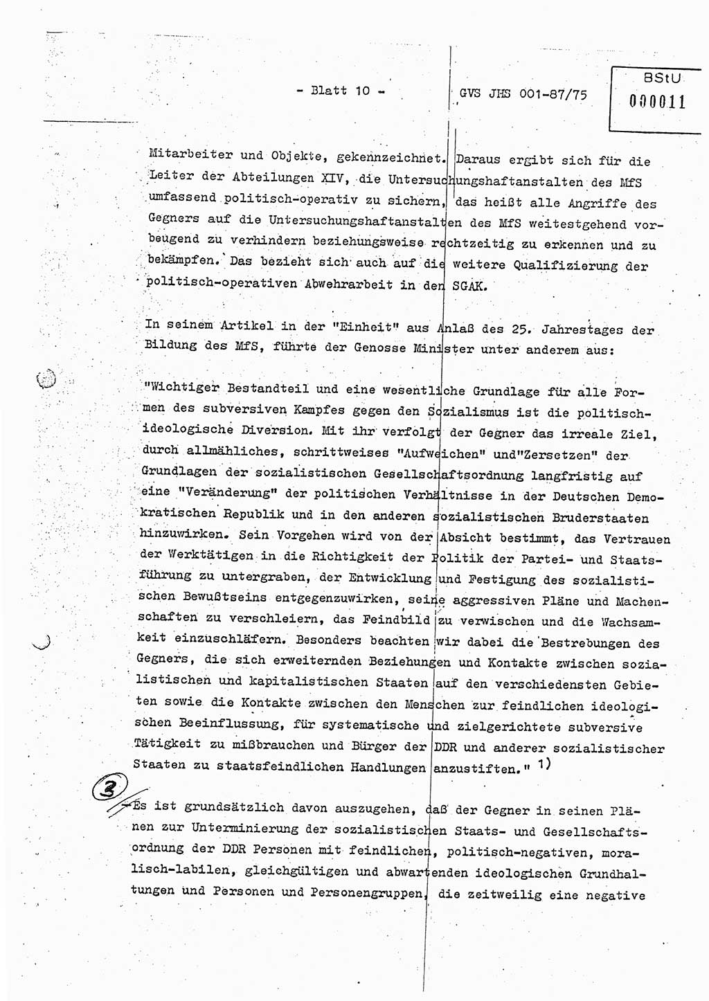 Diplomarbeit Hauptmann Volkmar Heinz (Abt. ⅩⅣ), Oberleutnant Lothar Rüdiger (BV Lpz. Abt. Ⅺ), Ministerium für Staatssicherheit (MfS) [Deutsche Demokratische Republik (DDR)], Juristische Hochschule (JHS), Geheime Verschlußsache (GVS) o001-87/75, Potsdam 1975, Seite 10 (Dipl.-Arb. MfS DDR JHS GVS o001-87/75 1975, S. 10)