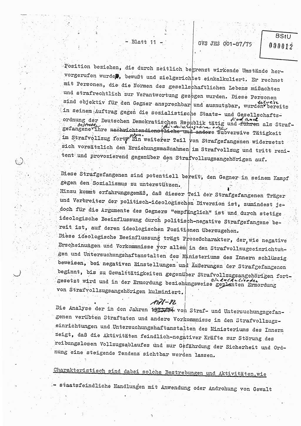 Diplomarbeit Hauptmann Volkmar Heinz (Abt. ⅩⅣ), Oberleutnant Lothar Rüdiger (BV Lpz. Abt. Ⅺ), Ministerium für Staatssicherheit (MfS) [Deutsche Demokratische Republik (DDR)], Juristische Hochschule (JHS), Geheime Verschlußsache (GVS) o001-87/75, Potsdam 1975, Seite 11 (Dipl.-Arb. MfS DDR JHS GVS o001-87/75 1975, S. 11)
