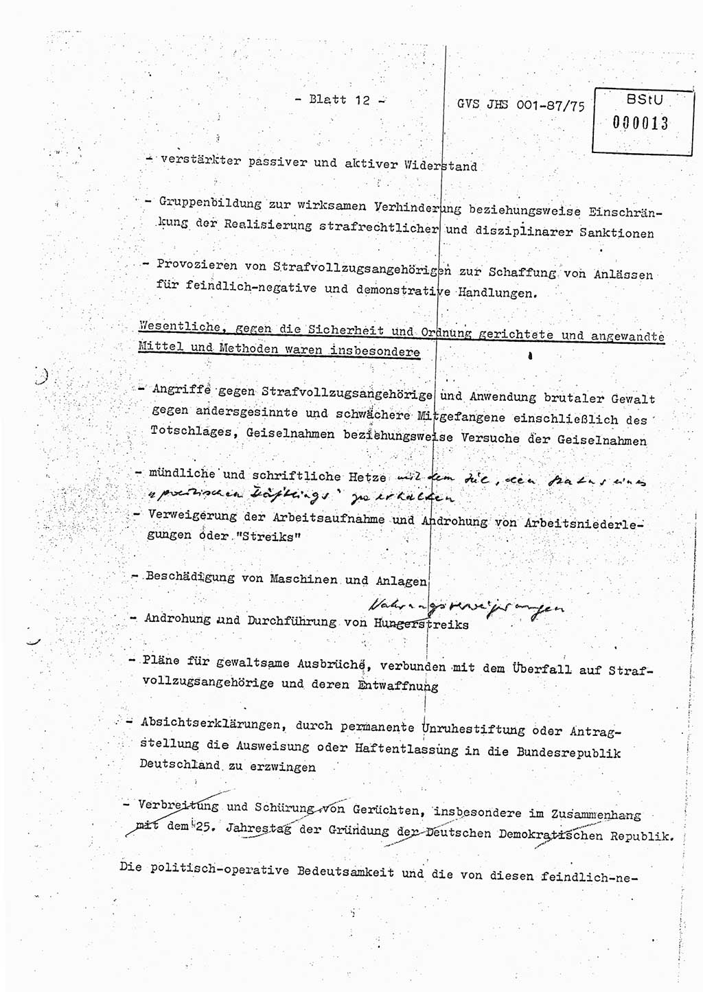 Diplomarbeit Hauptmann Volkmar Heinz (Abt. ⅩⅣ), Oberleutnant Lothar Rüdiger (BV Lpz. Abt. Ⅺ), Ministerium für Staatssicherheit (MfS) [Deutsche Demokratische Republik (DDR)], Juristische Hochschule (JHS), Geheime Verschlußsache (GVS) o001-87/75, Potsdam 1975, Seite 12 (Dipl.-Arb. MfS DDR JHS GVS o001-87/75 1975, S. 12)