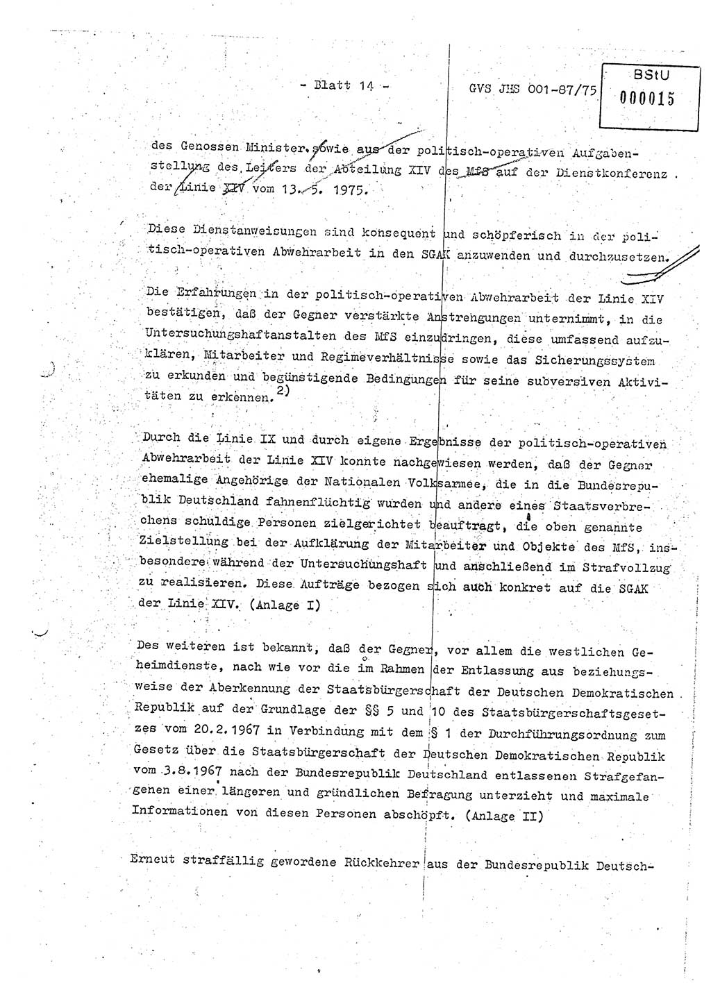 Diplomarbeit Hauptmann Volkmar Heinz (Abt. ⅩⅣ), Oberleutnant Lothar Rüdiger (BV Lpz. Abt. Ⅺ), Ministerium für Staatssicherheit (MfS) [Deutsche Demokratische Republik (DDR)], Juristische Hochschule (JHS), Geheime Verschlußsache (GVS) o001-87/75, Potsdam 1975, Seite 14 (Dipl.-Arb. MfS DDR JHS GVS o001-87/75 1975, S. 14)