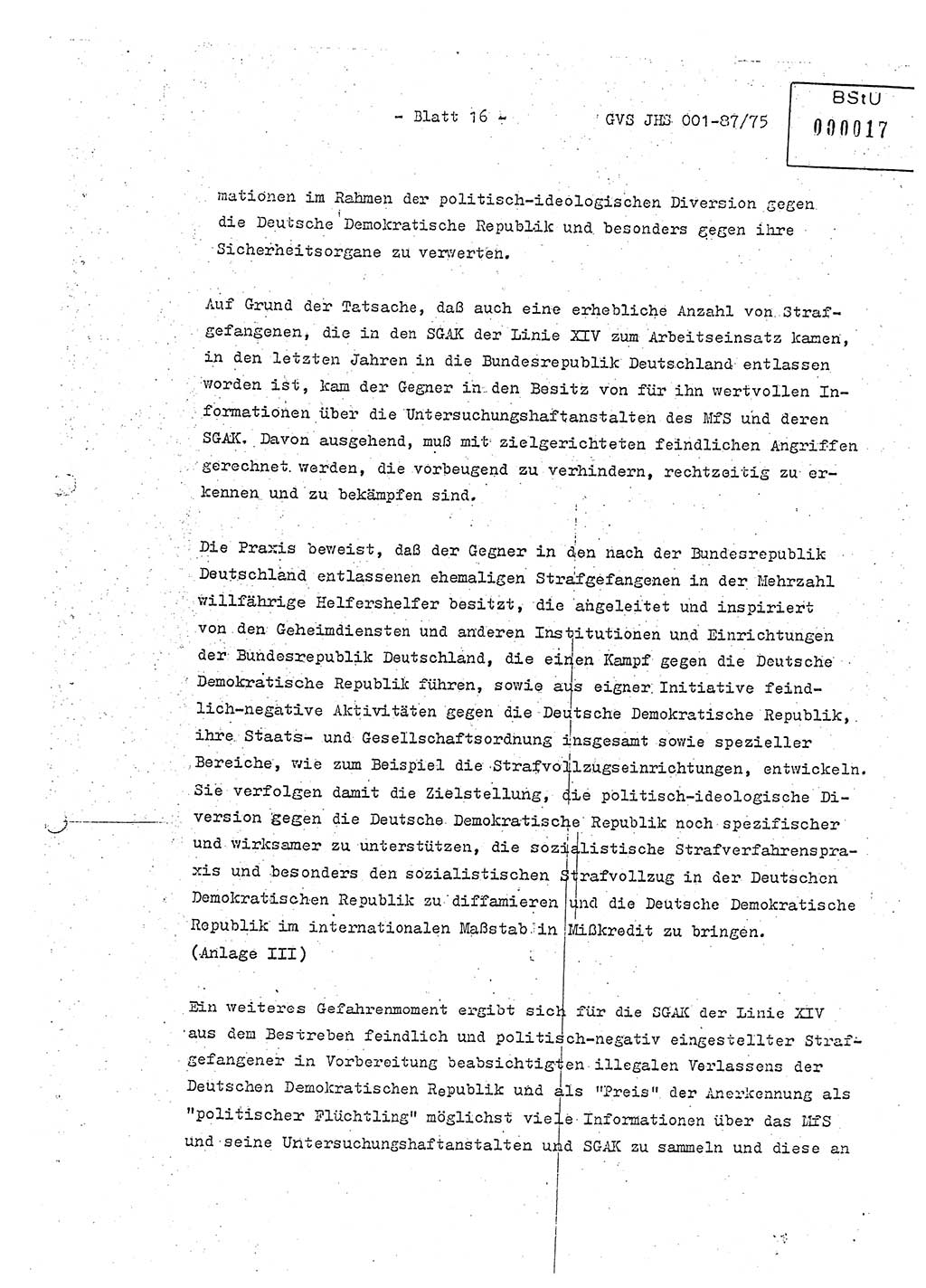 Diplomarbeit Hauptmann Volkmar Heinz (Abt. ⅩⅣ), Oberleutnant Lothar Rüdiger (BV Lpz. Abt. Ⅺ), Ministerium für Staatssicherheit (MfS) [Deutsche Demokratische Republik (DDR)], Juristische Hochschule (JHS), Geheime Verschlußsache (GVS) o001-87/75, Potsdam 1975, Seite 16 (Dipl.-Arb. MfS DDR JHS GVS o001-87/75 1975, S. 16)