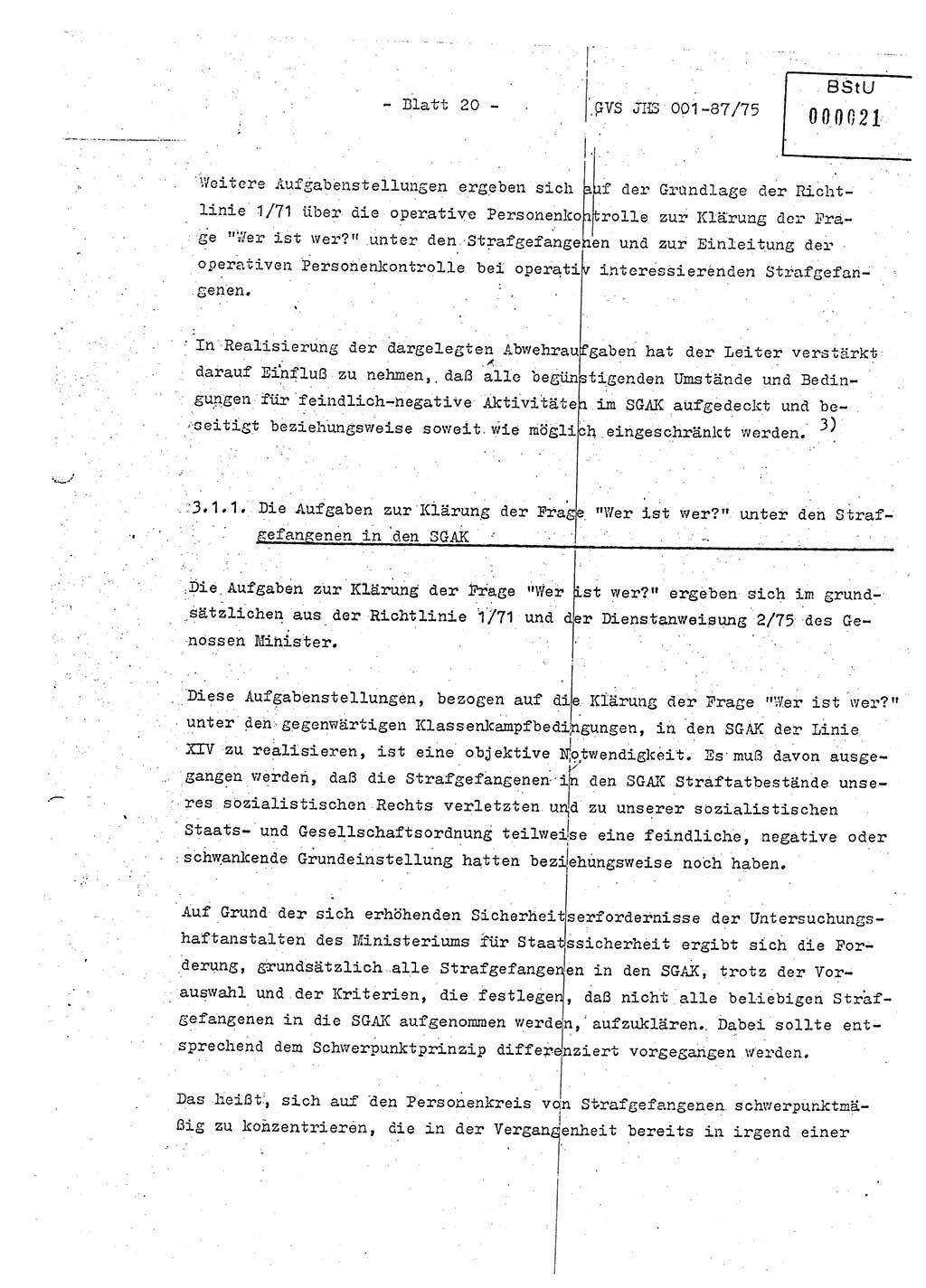 Diplomarbeit Hauptmann Volkmar Heinz (Abt. ⅩⅣ), Oberleutnant Lothar Rüdiger (BV Lpz. Abt. Ⅺ), Ministerium für Staatssicherheit (MfS) [Deutsche Demokratische Republik (DDR)], Juristische Hochschule (JHS), Geheime Verschlußsache (GVS) o001-87/75, Potsdam 1975, Seite 20 (Dipl.-Arb. MfS DDR JHS GVS o001-87/75 1975, S. 20)