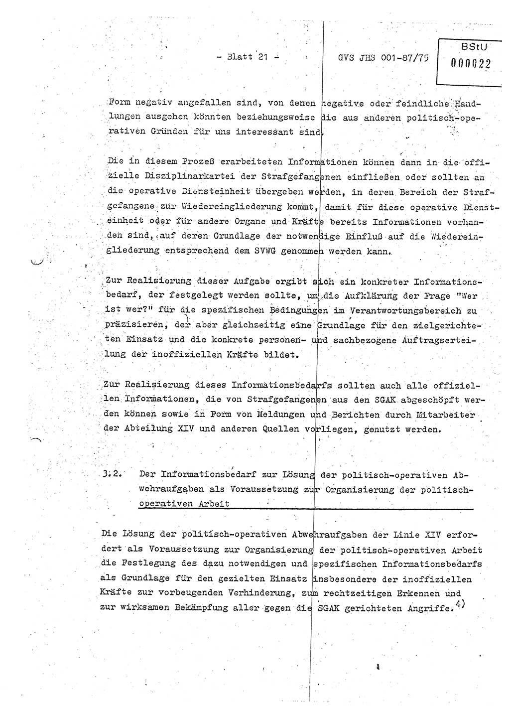 Diplomarbeit Hauptmann Volkmar Heinz (Abt. ⅩⅣ), Oberleutnant Lothar Rüdiger (BV Lpz. Abt. Ⅺ), Ministerium für Staatssicherheit (MfS) [Deutsche Demokratische Republik (DDR)], Juristische Hochschule (JHS), Geheime Verschlußsache (GVS) o001-87/75, Potsdam 1975, Seite 21 (Dipl.-Arb. MfS DDR JHS GVS o001-87/75 1975, S. 21)