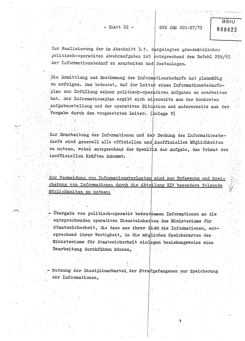 Diplomarbeit Hauptmann Volkmar Heinz (Abt. ⅩⅣ), Oberleutnant Lothar Rüdiger (BV Lpz. Abt. Ⅺ), Ministerium für Staatssicherheit (MfS) [Deutsche Demokratische Republik (DDR)], Juristische Hochschule (JHS), Geheime Verschlußsache (GVS) o001-87/75, Potsdam 1975, Seite 22 (Dipl.-Arb. MfS DDR JHS GVS o001-87/75 1975, S. 22)