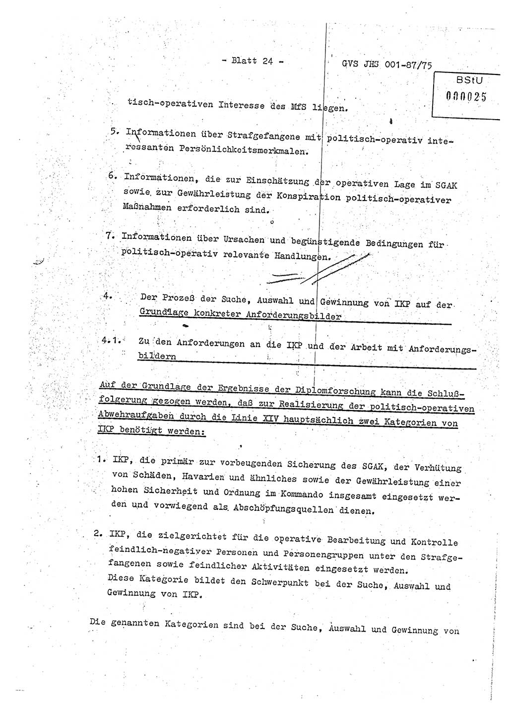 Diplomarbeit Hauptmann Volkmar Heinz (Abt. ⅩⅣ), Oberleutnant Lothar Rüdiger (BV Lpz. Abt. Ⅺ), Ministerium für Staatssicherheit (MfS) [Deutsche Demokratische Republik (DDR)], Juristische Hochschule (JHS), Geheime Verschlußsache (GVS) o001-87/75, Potsdam 1975, Seite 24 (Dipl.-Arb. MfS DDR JHS GVS o001-87/75 1975, S. 24)