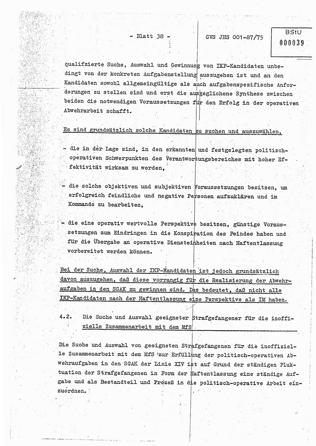 Diplomarbeit Hauptmann Volkmar Heinz (Abt. ⅩⅣ), Oberleutnant Lothar Rüdiger (BV Lpz. Abt. Ⅺ), Ministerium für Staatssicherheit (MfS) [Deutsche Demokratische Republik (DDR)], Juristische Hochschule (JHS), Geheime Verschlußsache (GVS) o001-87/75, Potsdam 1975, Seite 38 (Dipl.-Arb. MfS DDR JHS GVS o001-87/75 1975, S. 38)