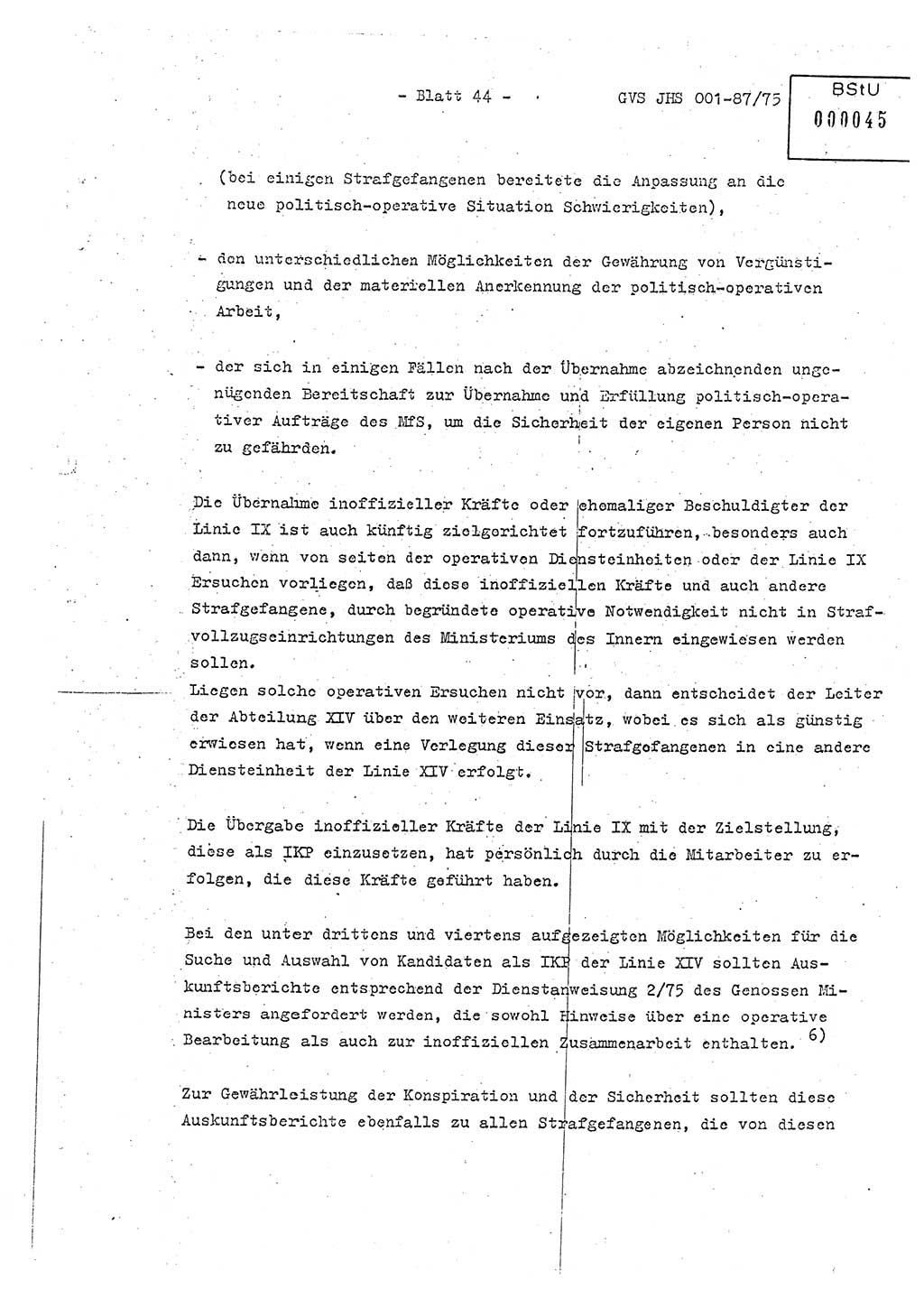 Diplomarbeit Hauptmann Volkmar Heinz (Abt. ⅩⅣ), Oberleutnant Lothar Rüdiger (BV Lpz. Abt. Ⅺ), Ministerium für Staatssicherheit (MfS) [Deutsche Demokratische Republik (DDR)], Juristische Hochschule (JHS), Geheime Verschlußsache (GVS) o001-87/75, Potsdam 1975, Seite 44 (Dipl.-Arb. MfS DDR JHS GVS o001-87/75 1975, S. 44)