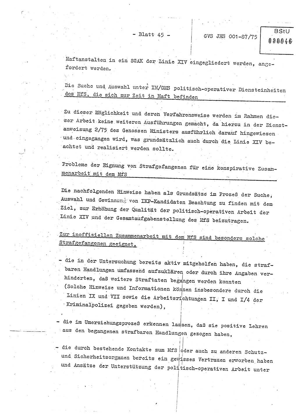 Diplomarbeit Hauptmann Volkmar Heinz (Abt. ⅩⅣ), Oberleutnant Lothar Rüdiger (BV Lpz. Abt. Ⅺ), Ministerium für Staatssicherheit (MfS) [Deutsche Demokratische Republik (DDR)], Juristische Hochschule (JHS), Geheime Verschlußsache (GVS) o001-87/75, Potsdam 1975, Seite 45 (Dipl.-Arb. MfS DDR JHS GVS o001-87/75 1975, S. 45)