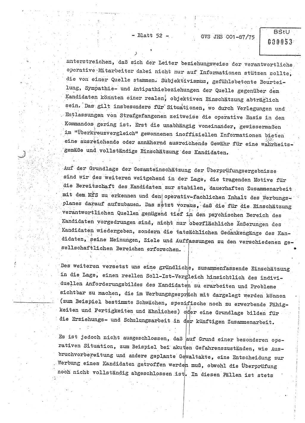 Diplomarbeit Hauptmann Volkmar Heinz (Abt. ⅩⅣ), Oberleutnant Lothar Rüdiger (BV Lpz. Abt. Ⅺ), Ministerium für Staatssicherheit (MfS) [Deutsche Demokratische Republik (DDR)], Juristische Hochschule (JHS), Geheime Verschlußsache (GVS) o001-87/75, Potsdam 1975, Seite 52 (Dipl.-Arb. MfS DDR JHS GVS o001-87/75 1975, S. 52)