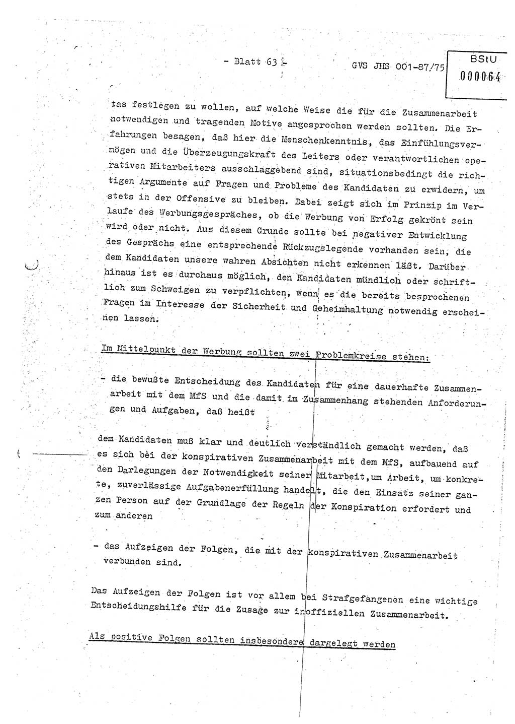 Diplomarbeit Hauptmann Volkmar Heinz (Abt. ⅩⅣ), Oberleutnant Lothar Rüdiger (BV Lpz. Abt. Ⅺ), Ministerium für Staatssicherheit (MfS) [Deutsche Demokratische Republik (DDR)], Juristische Hochschule (JHS), Geheime Verschlußsache (GVS) o001-87/75, Potsdam 1975, Seite 63 (Dipl.-Arb. MfS DDR JHS GVS o001-87/75 1975, S. 63)