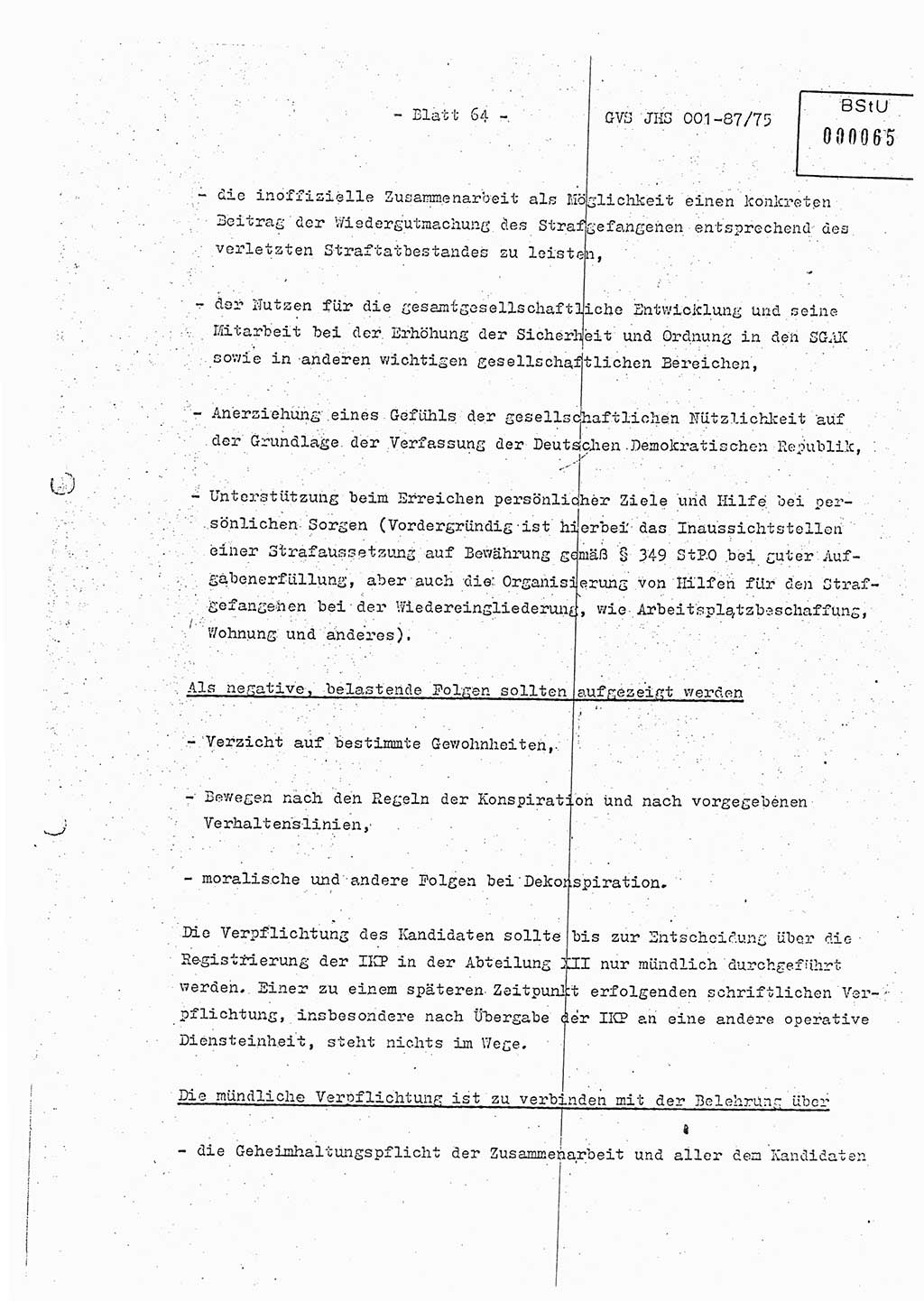 Diplomarbeit Hauptmann Volkmar Heinz (Abt. ⅩⅣ), Oberleutnant Lothar Rüdiger (BV Lpz. Abt. Ⅺ), Ministerium für Staatssicherheit (MfS) [Deutsche Demokratische Republik (DDR)], Juristische Hochschule (JHS), Geheime Verschlußsache (GVS) o001-87/75, Potsdam 1975, Seite 64 (Dipl.-Arb. MfS DDR JHS GVS o001-87/75 1975, S. 64)