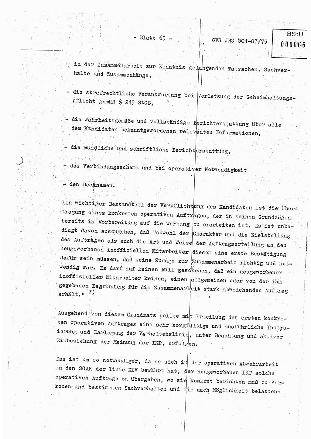 Diplomarbeit Hauptmann Volkmar Heinz (Abt. ⅩⅣ), Oberleutnant Lothar Rüdiger (BV Lpz. Abt. Ⅺ), Ministerium für Staatssicherheit (MfS) [Deutsche Demokratische Republik (DDR)], Juristische Hochschule (JHS), Geheime Verschlußsache (GVS) o001-87/75, Potsdam 1975, Seite 65 (Dipl.-Arb. MfS DDR JHS GVS o001-87/75 1975, S. 65)