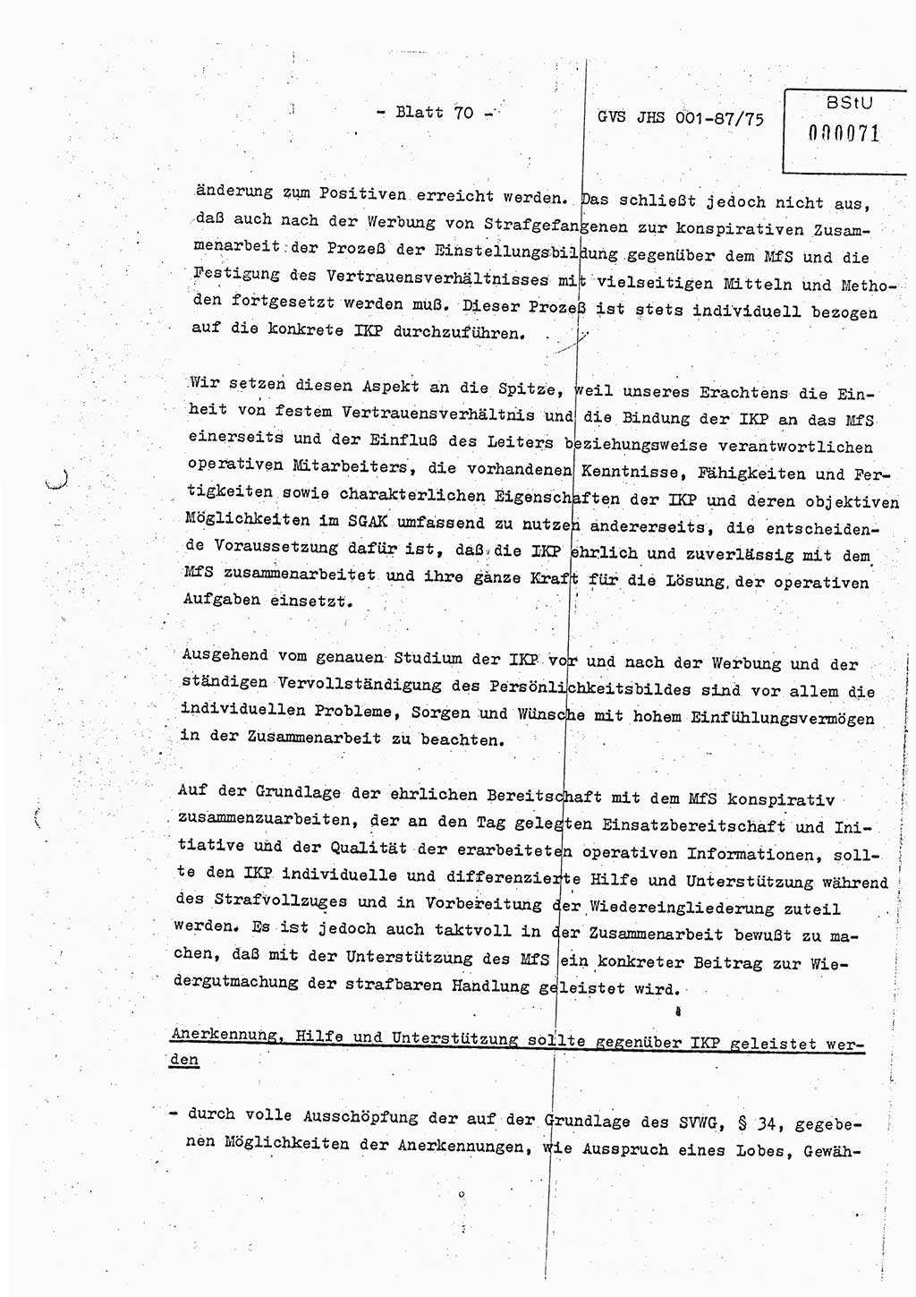 Diplomarbeit Hauptmann Volkmar Heinz (Abt. ⅩⅣ), Oberleutnant Lothar Rüdiger (BV Lpz. Abt. Ⅺ), Ministerium für Staatssicherheit (MfS) [Deutsche Demokratische Republik (DDR)], Juristische Hochschule (JHS), Geheime Verschlußsache (GVS) o001-87/75, Potsdam 1975, Seite 70 (Dipl.-Arb. MfS DDR JHS GVS o001-87/75 1975, S. 70)