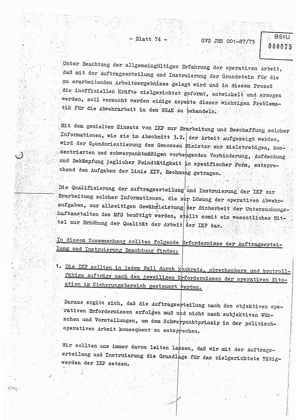 Diplomarbeit Hauptmann Volkmar Heinz (Abt. ⅩⅣ), Oberleutnant Lothar Rüdiger (BV Lpz. Abt. Ⅺ), Ministerium für Staatssicherheit (MfS) [Deutsche Demokratische Republik (DDR)], Juristische Hochschule (JHS), Geheime Verschlußsache (GVS) o001-87/75, Potsdam 1975, Seite 74 (Dipl.-Arb. MfS DDR JHS GVS o001-87/75 1975, S. 74)