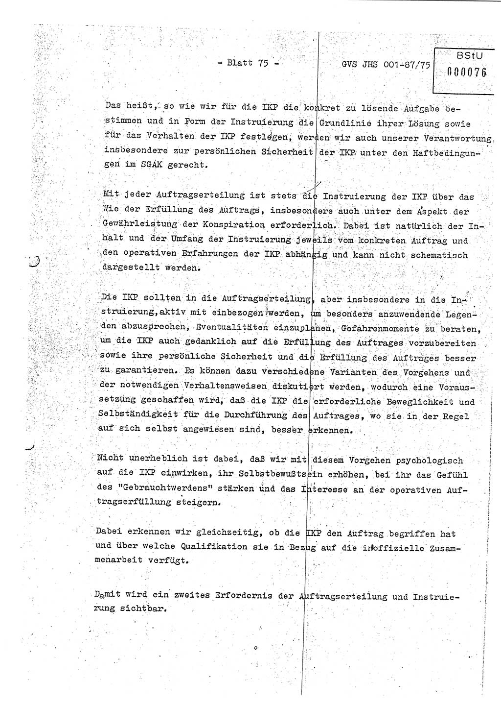 Diplomarbeit Hauptmann Volkmar Heinz (Abt. ⅩⅣ), Oberleutnant Lothar Rüdiger (BV Lpz. Abt. Ⅺ), Ministerium für Staatssicherheit (MfS) [Deutsche Demokratische Republik (DDR)], Juristische Hochschule (JHS), Geheime Verschlußsache (GVS) o001-87/75, Potsdam 1975, Seite 75 (Dipl.-Arb. MfS DDR JHS GVS o001-87/75 1975, S. 75)