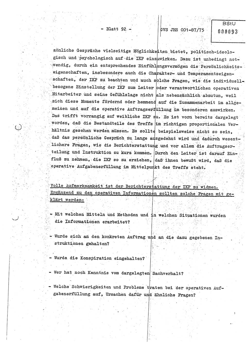 Diplomarbeit Hauptmann Volkmar Heinz (Abt. ⅩⅣ), Oberleutnant Lothar Rüdiger (BV Lpz. Abt. Ⅺ), Ministerium für Staatssicherheit (MfS) [Deutsche Demokratische Republik (DDR)], Juristische Hochschule (JHS), Geheime Verschlußsache (GVS) o001-87/75, Potsdam 1975, Seite 92 (Dipl.-Arb. MfS DDR JHS GVS o001-87/75 1975, S. 92)