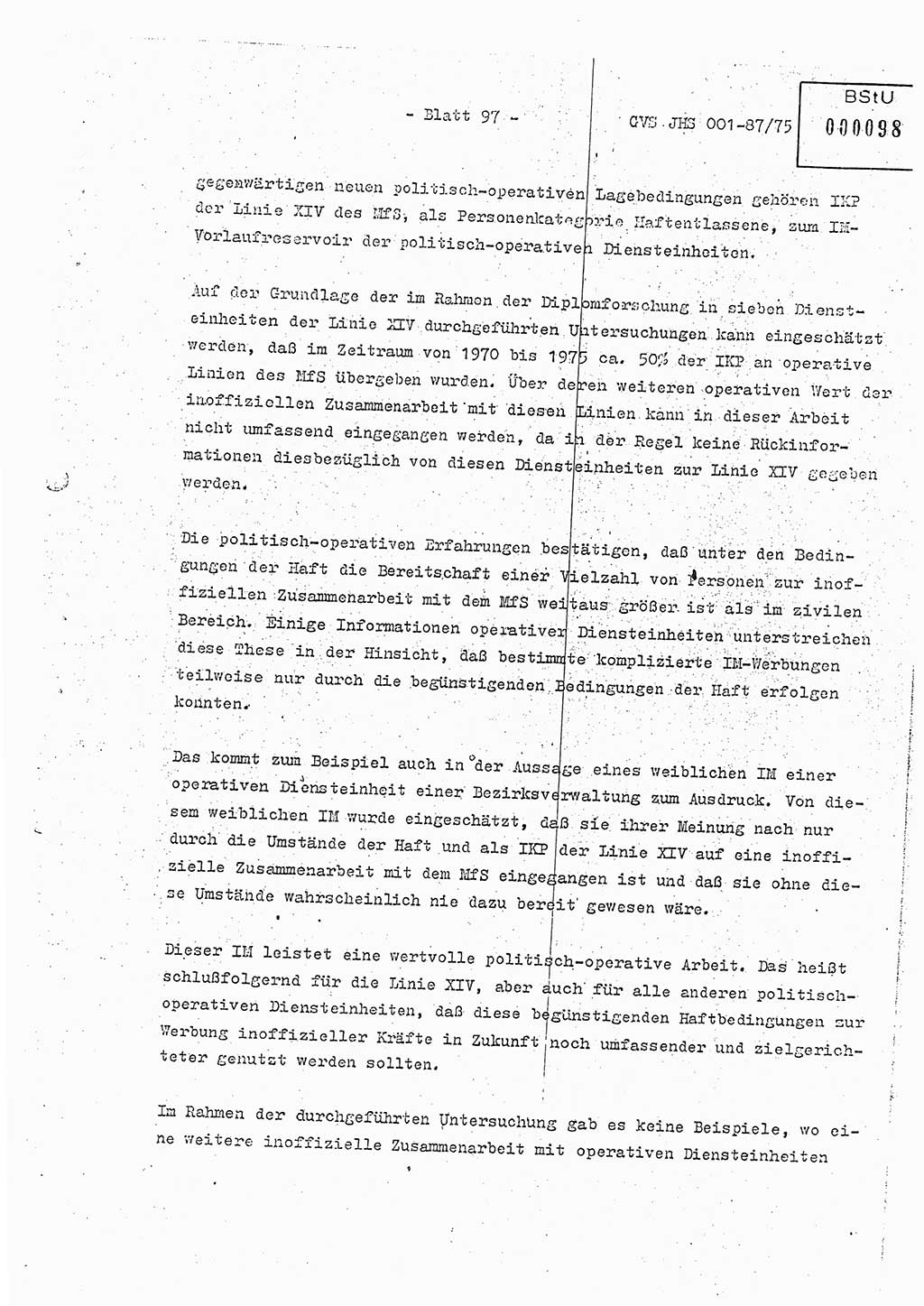 Diplomarbeit Hauptmann Volkmar Heinz (Abt. ⅩⅣ), Oberleutnant Lothar Rüdiger (BV Lpz. Abt. Ⅺ), Ministerium für Staatssicherheit (MfS) [Deutsche Demokratische Republik (DDR)], Juristische Hochschule (JHS), Geheime Verschlußsache (GVS) o001-87/75, Potsdam 1975, Seite 97 (Dipl.-Arb. MfS DDR JHS GVS o001-87/75 1975, S. 97)