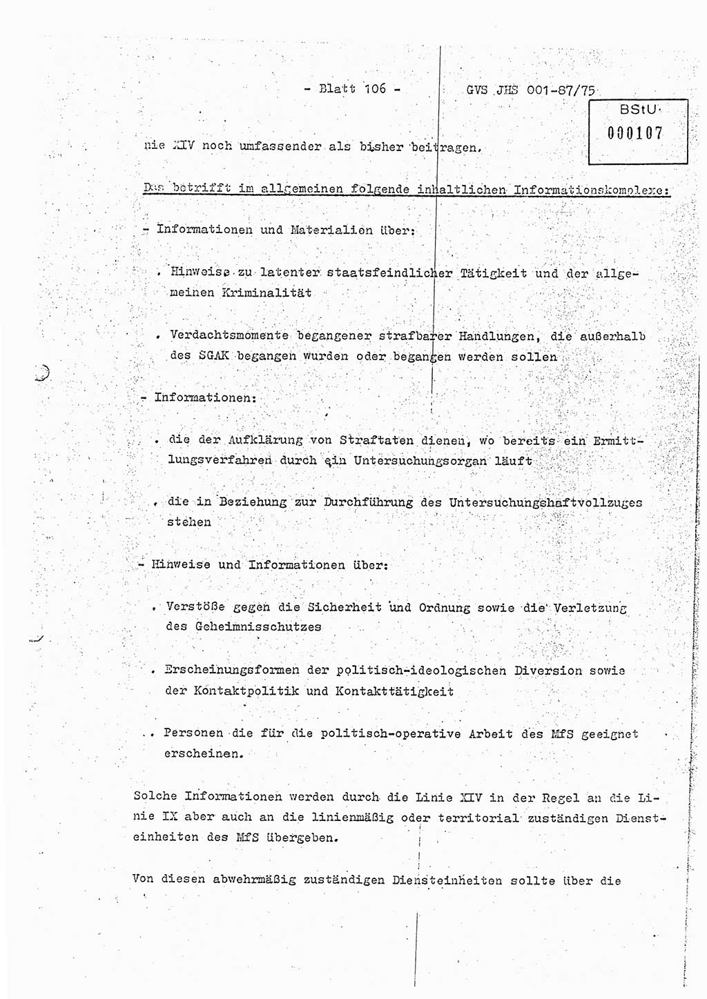Diplomarbeit Hauptmann Volkmar Heinz (Abt. ⅩⅣ), Oberleutnant Lothar Rüdiger (BV Lpz. Abt. Ⅺ), Ministerium für Staatssicherheit (MfS) [Deutsche Demokratische Republik (DDR)], Juristische Hochschule (JHS), Geheime Verschlußsache (GVS) o001-87/75, Potsdam 1975, Seite 106 (Dipl.-Arb. MfS DDR JHS GVS o001-87/75 1975, S. 106)