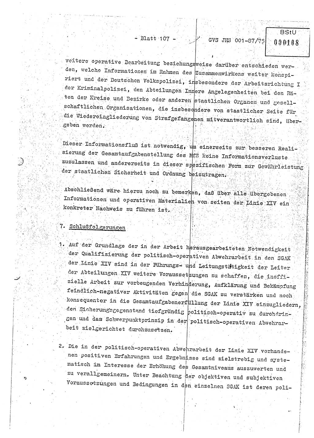 Diplomarbeit Hauptmann Volkmar Heinz (Abt. ⅩⅣ), Oberleutnant Lothar Rüdiger (BV Lpz. Abt. Ⅺ), Ministerium für Staatssicherheit (MfS) [Deutsche Demokratische Republik (DDR)], Juristische Hochschule (JHS), Geheime Verschlußsache (GVS) o001-87/75, Potsdam 1975, Seite 107 (Dipl.-Arb. MfS DDR JHS GVS o001-87/75 1975, S. 107)