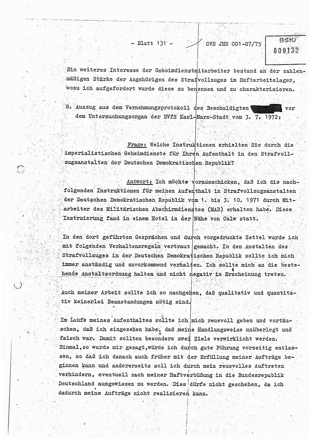 Diplomarbeit Hauptmann Volkmar Heinz (Abt. ⅩⅣ), Oberleutnant Lothar Rüdiger (BV Lpz. Abt. Ⅺ), Ministerium für Staatssicherheit (MfS) [Deutsche Demokratische Republik (DDR)], Juristische Hochschule (JHS), Geheime Verschlußsache (GVS) o001-87/75, Potsdam 1975, Seite 131 (Dipl.-Arb. MfS DDR JHS GVS o001-87/75 1975, S. 131)