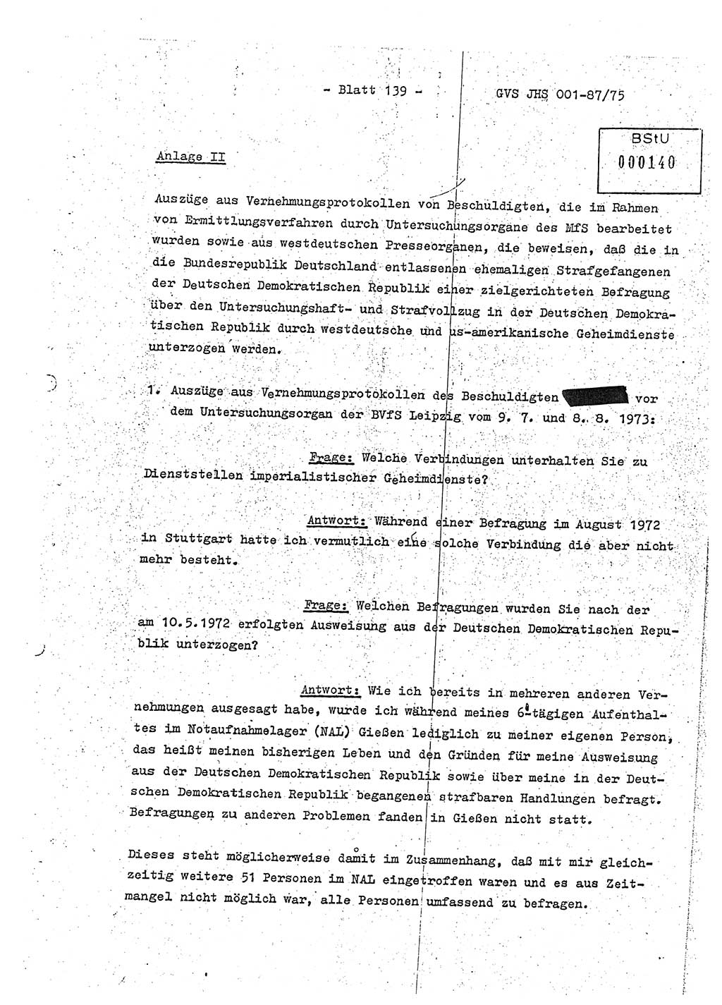 Diplomarbeit Hauptmann Volkmar Heinz (Abt. ⅩⅣ), Oberleutnant Lothar Rüdiger (BV Lpz. Abt. Ⅺ), Ministerium für Staatssicherheit (MfS) [Deutsche Demokratische Republik (DDR)], Juristische Hochschule (JHS), Geheime Verschlußsache (GVS) o001-87/75, Potsdam 1975, Seite 139 (Dipl.-Arb. MfS DDR JHS GVS o001-87/75 1975, S. 139)