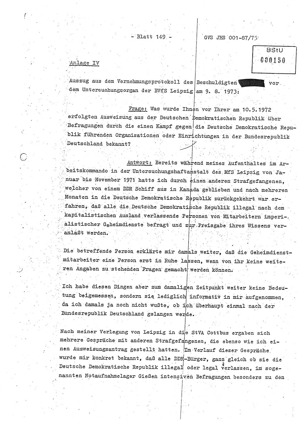 Diplomarbeit Hauptmann Volkmar Heinz (Abt. ⅩⅣ), Oberleutnant Lothar Rüdiger (BV Lpz. Abt. Ⅺ), Ministerium für Staatssicherheit (MfS) [Deutsche Demokratische Republik (DDR)], Juristische Hochschule (JHS), Geheime Verschlußsache (GVS) o001-87/75, Potsdam 1975, Seite 149 (Dipl.-Arb. MfS DDR JHS GVS o001-87/75 1975, S. 149)