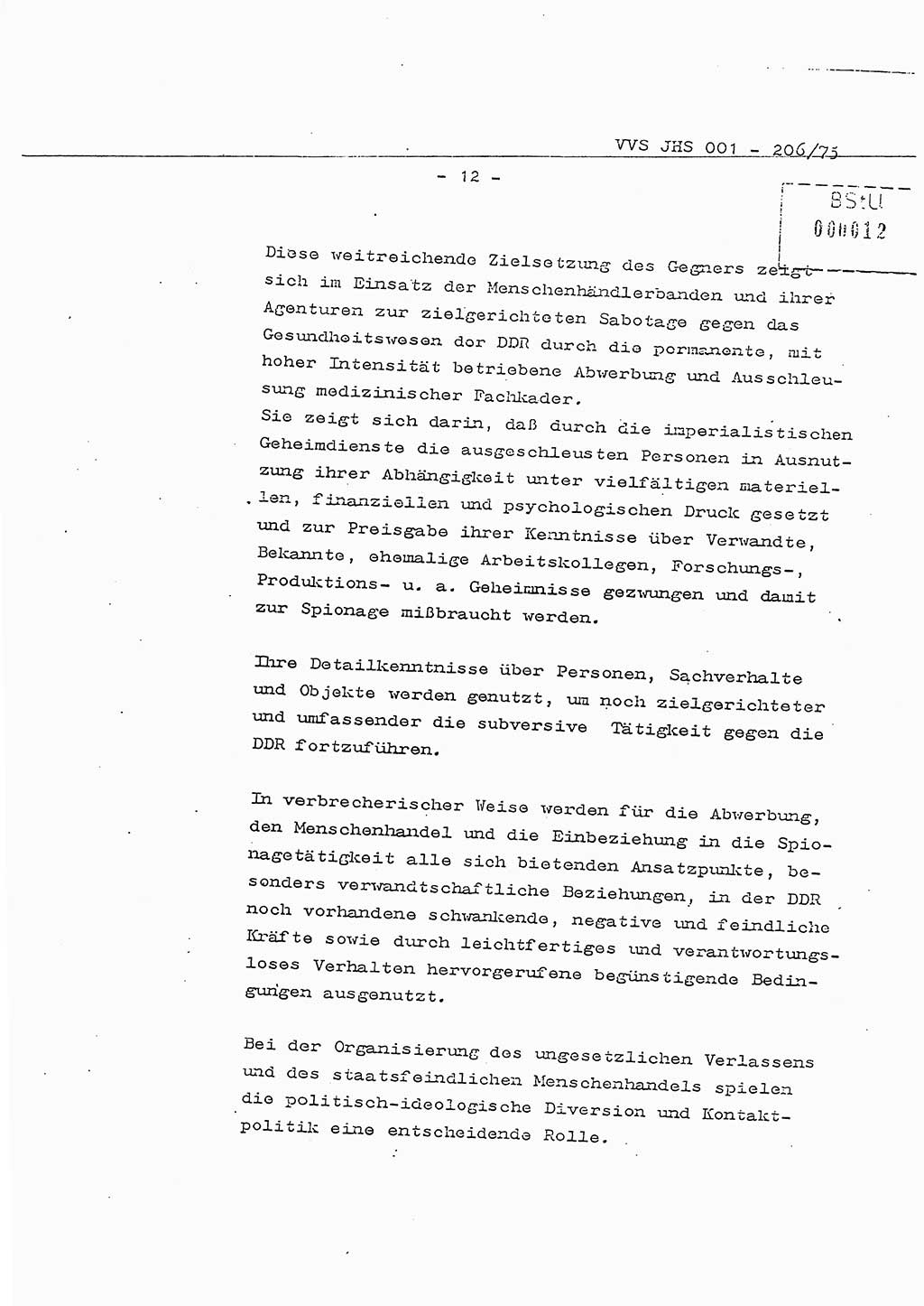 Dissertation Generalmajor Manfred Hummitzsch (Leiter der BV Leipzig), Generalmajor Heinz Fiedler (HA Ⅵ), Oberst Rolf Fister (HA Ⅸ), Ministerium für Staatssicherheit (MfS) [Deutsche Demokratische Republik (DDR)], Juristische Hochschule (JHS), Vertrauliche Verschlußsache (VVS) 001-206/75, Potsdam 1975, Seite 12 (Diss. MfS DDR JHS VVS 001-206/75 1975, S. 12)