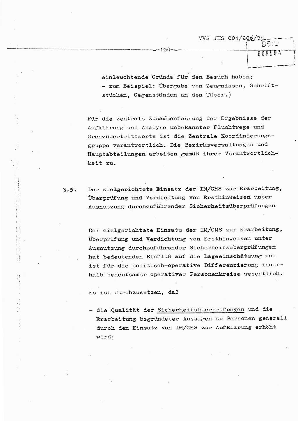 Dissertation Generalmajor Manfred Hummitzsch (Leiter der BV Leipzig), Generalmajor Heinz Fiedler (HA Ⅵ), Oberst Rolf Fister (HA Ⅸ), Ministerium für Staatssicherheit (MfS) [Deutsche Demokratische Republik (DDR)], Juristische Hochschule (JHS), Vertrauliche Verschlußsache (VVS) 001-206/75, Potsdam 1975, Seite 104 (Diss. MfS DDR JHS VVS 001-206/75 1975, S. 104)