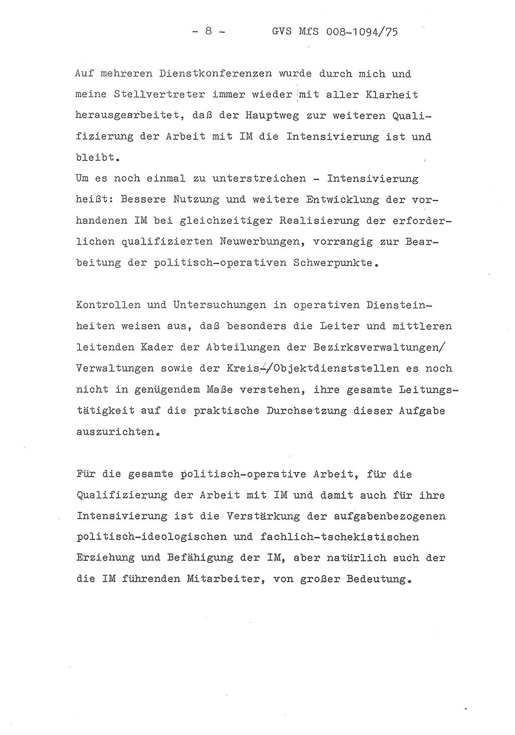 Einführungsreferat des Genossen Minister (Generaloberst Erich Mielke) zum zentralen Führungsseminar (MfS), Deutsche Demokratische Republik (DDR), Ministerium für Staatssicherheit (MfS), Der Minister, Geheime Verschlußsache (GVS) 008-1094/75, Berlin 1975, Blatt 8 (Einf.-Ref. Fü.-Sem. DDR MfS Min. GVS 008-1094/75 1975, Bl. 8)