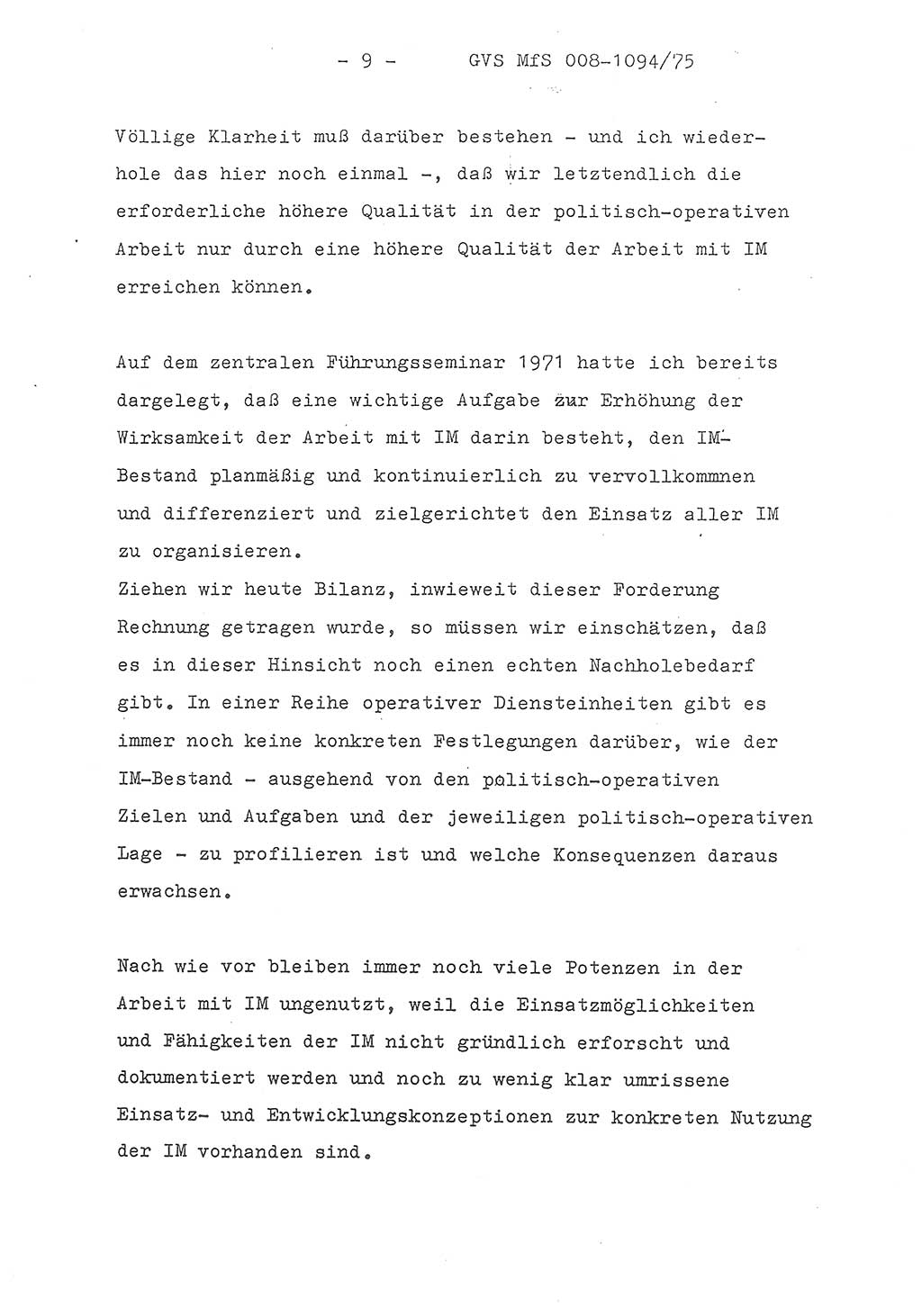 Einführungsreferat des Genossen Minister (Generaloberst Erich Mielke) zum zentralen Führungsseminar (MfS), Deutsche Demokratische Republik (DDR), Ministerium für Staatssicherheit (MfS), Der Minister, Geheime Verschlußsache (GVS) 008-1094/75, Berlin 1975, Blatt 9 (Einf.-Ref. Fü.-Sem. DDR MfS Min. GVS 008-1094/75 1975, Bl. 9)