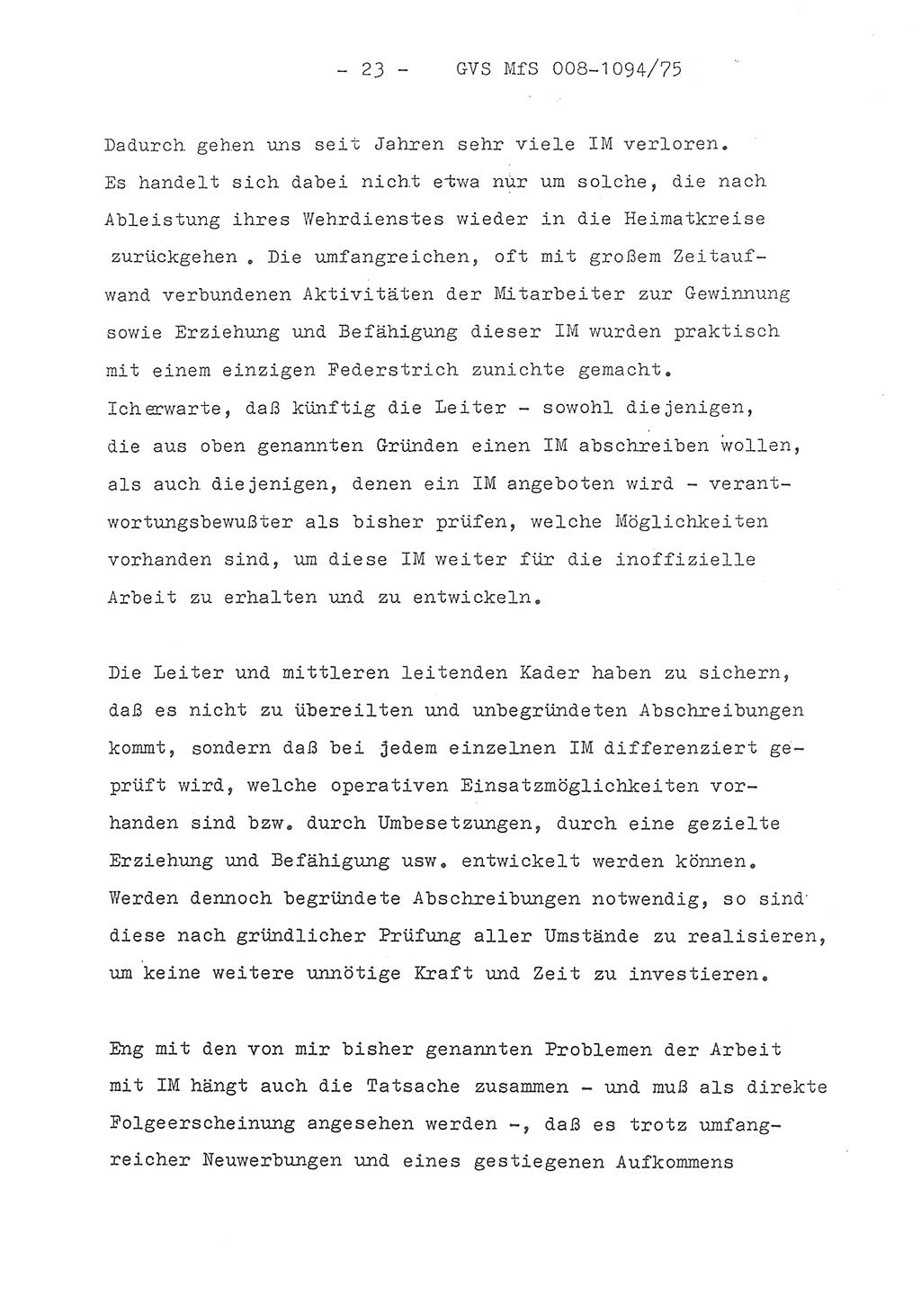 Einführungsreferat des Genossen Minister (Generaloberst Erich Mielke) zum zentralen Führungsseminar (MfS), Deutsche Demokratische Republik (DDR), Ministerium für Staatssicherheit (MfS), Der Minister, Geheime Verschlußsache (GVS) 008-1094/75, Berlin 1975, Blatt 23 (Einf.-Ref. Fü.-Sem. DDR MfS Min. GVS 008-1094/75 1975, Bl. 23)