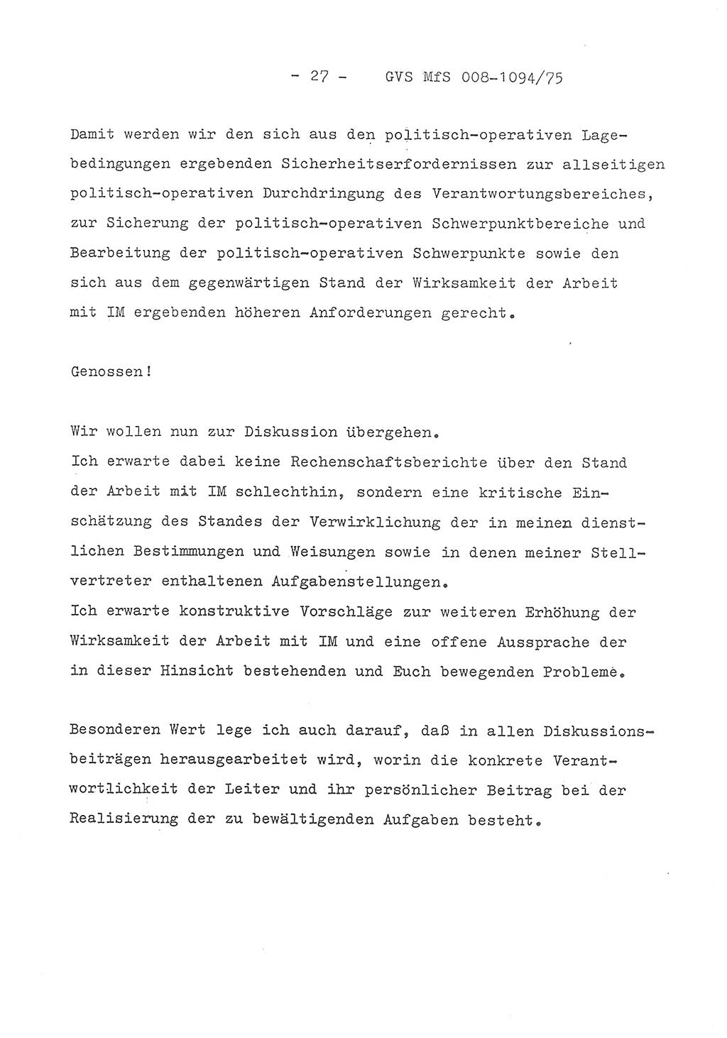 Einführungsreferat des Genossen Minister (Generaloberst Erich Mielke) zum zentralen Führungsseminar (MfS), Deutsche Demokratische Republik (DDR), Ministerium für Staatssicherheit (MfS), Der Minister, Geheime Verschlußsache (GVS) 008-1094/75, Berlin 1975, Blatt 27 (Einf.-Ref. Fü.-Sem. DDR MfS Min. GVS 008-1094/75 1975, Bl. 27)