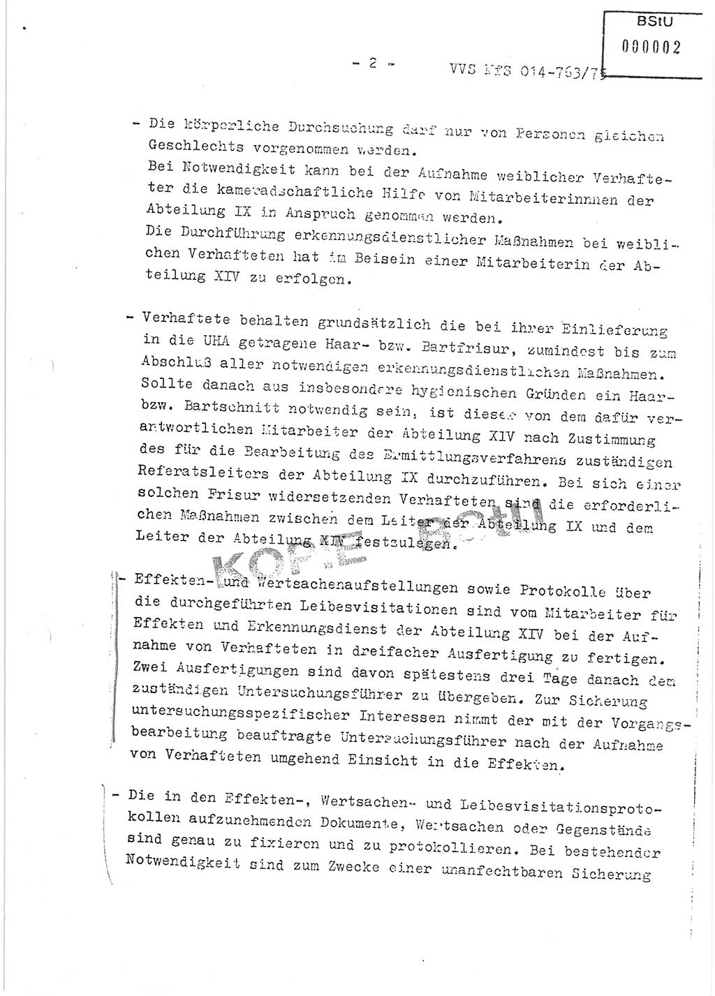 Gemeinsame Festlegungen der Hauptabteilung (HA) Ⅸ und der Abteilung (Abt.) ⅩⅣ des MfS [Ministerium für Staatssicherheit, Deutsche Demokratische Republik (DDR)] zur einheitlichen Durchsetzung einiger Bestimmungen der Untersuchungshaftvollzugsordnung (UHVO) in den Untersuchungshaftanstalten (UHA) des MfS, Vertrauliche Verschlußsache (VVS) 014-763/75, Berlin, 13.8.1975, Blatt 2 (UHVO MfS DDR HA Ⅸ Abt. ⅩⅣ VVS 014-763/75 1975, Bl. 2)