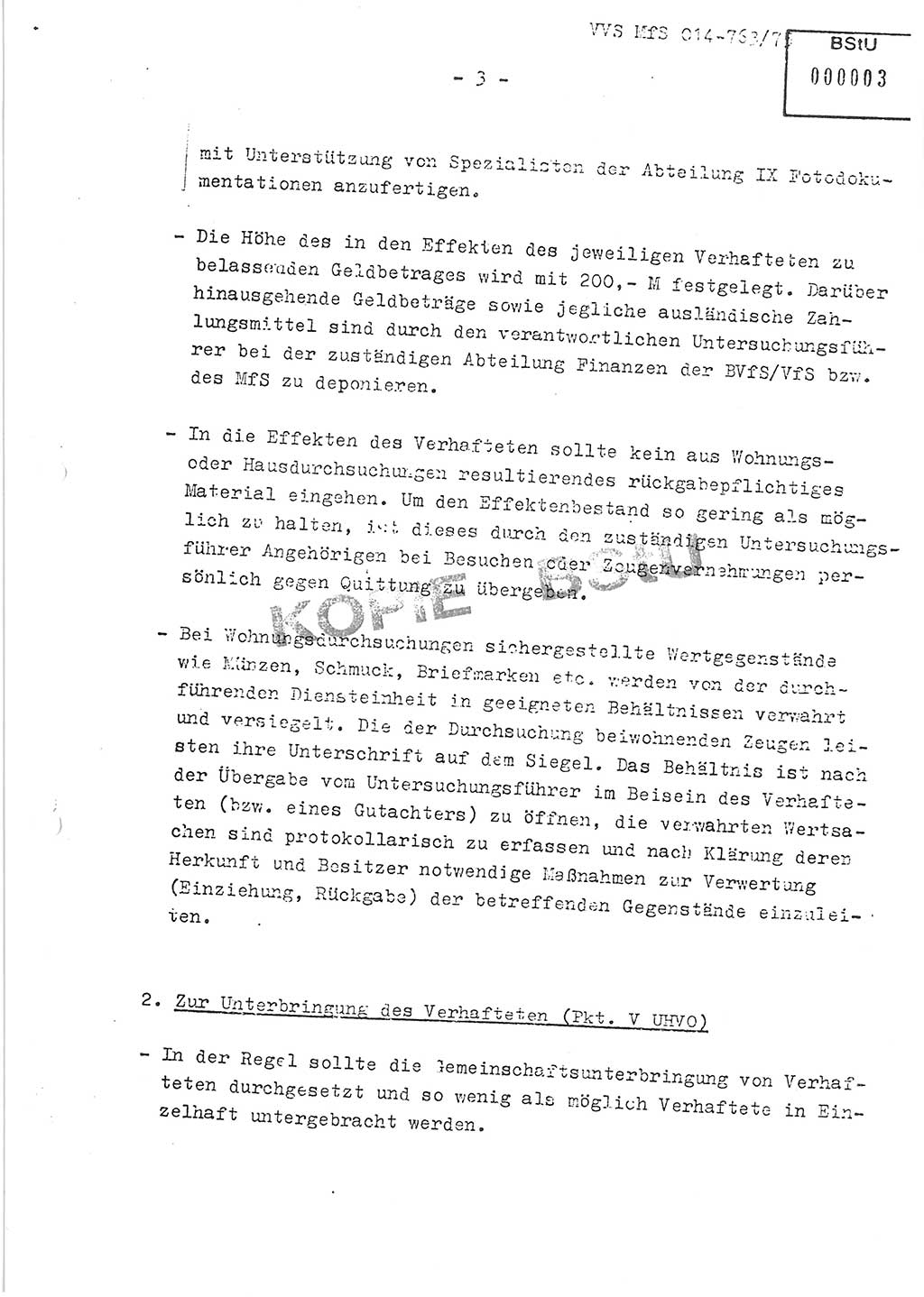 Gemeinsame Festlegungen der Hauptabteilung (HA) Ⅸ und der Abteilung (Abt.) ⅩⅣ des MfS [Ministerium für Staatssicherheit, Deutsche Demokratische Republik (DDR)] zur einheitlichen Durchsetzung einiger Bestimmungen der Untersuchungshaftvollzugsordnung (UHVO) in den Untersuchungshaftanstalten (UHA) des MfS, Vertrauliche Verschlußsache (VVS) 014-763/75, Berlin, 13.8.1975, Blatt 3 (UHVO MfS DDR HA Ⅸ Abt. ⅩⅣ VVS 014-763/75 1975, Bl. 3)