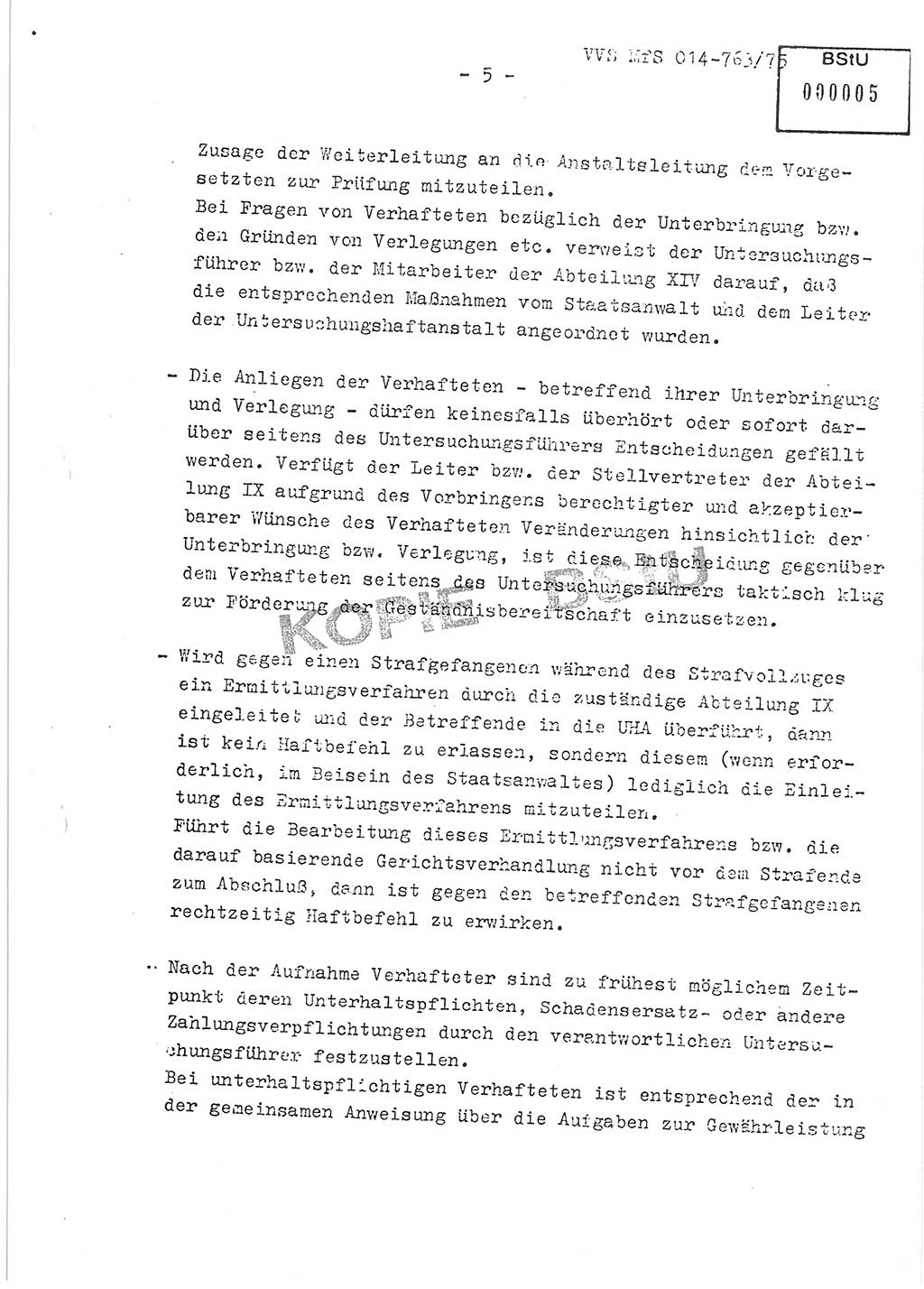 Gemeinsame Festlegungen der Hauptabteilung (HA) Ⅸ und der Abteilung (Abt.) ⅩⅣ des MfS [Ministerium für Staatssicherheit, Deutsche Demokratische Republik (DDR)] zur einheitlichen Durchsetzung einiger Bestimmungen der Untersuchungshaftvollzugsordnung (UHVO) in den Untersuchungshaftanstalten (UHA) des MfS, Vertrauliche Verschlußsache (VVS) 014-763/75, Berlin, 13.8.1975, Blatt 5 (UHVO MfS DDR HA Ⅸ Abt. ⅩⅣ VVS 014-763/75 1975, Bl. 5)