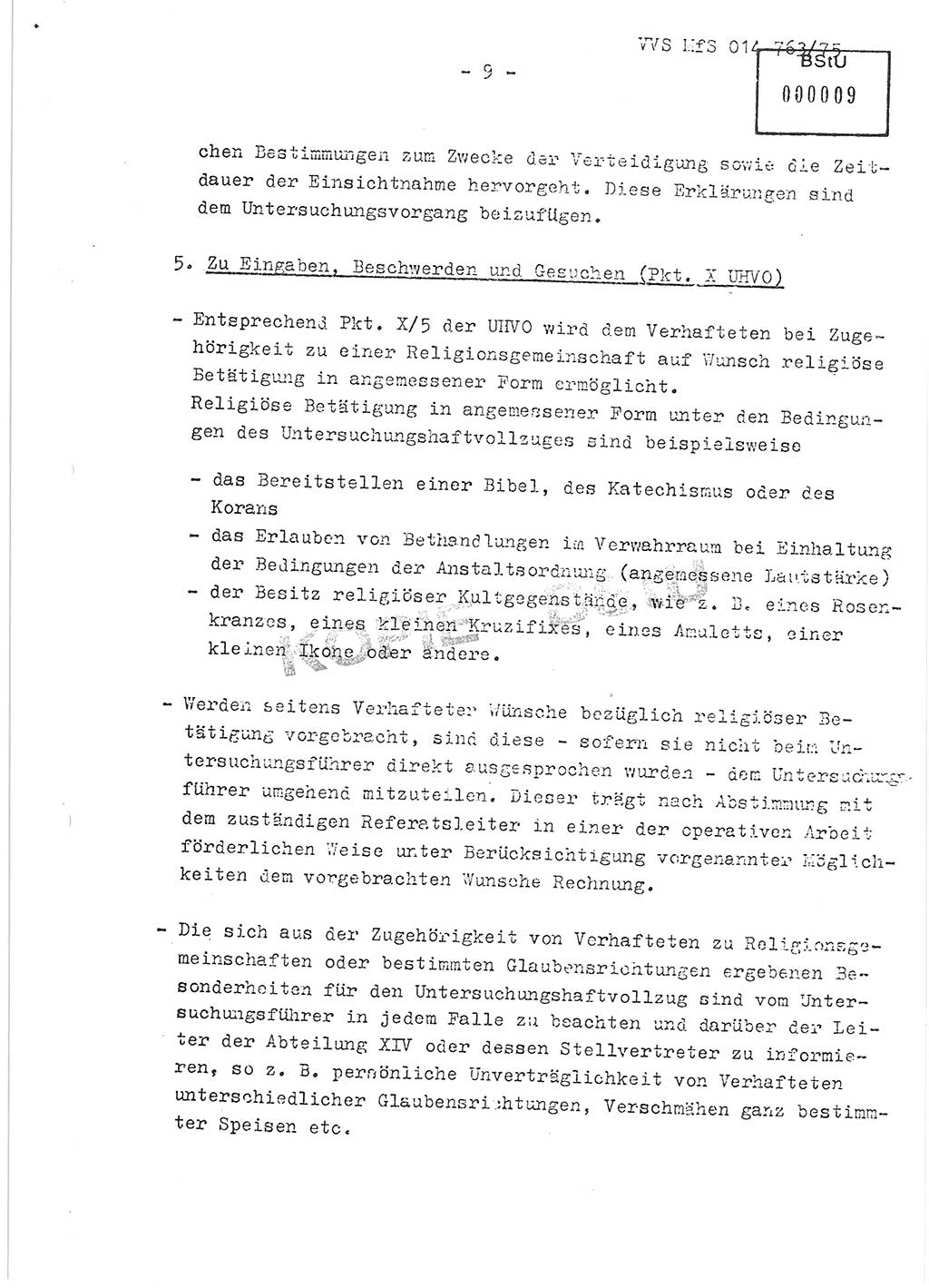 Gemeinsame Festlegungen der Hauptabteilung (HA) Ⅸ und der Abteilung (Abt.) ⅩⅣ des MfS [Ministerium für Staatssicherheit, Deutsche Demokratische Republik (DDR)] zur einheitlichen Durchsetzung einiger Bestimmungen der Untersuchungshaftvollzugsordnung (UHVO) in den Untersuchungshaftanstalten (UHA) des MfS, Vertrauliche Verschlußsache (VVS) 014-763/75, Berlin, 13.8.1975, Blatt 9 (UHVO MfS DDR HA Ⅸ Abt. ⅩⅣ VVS 014-763/75 1975, Bl. 9)